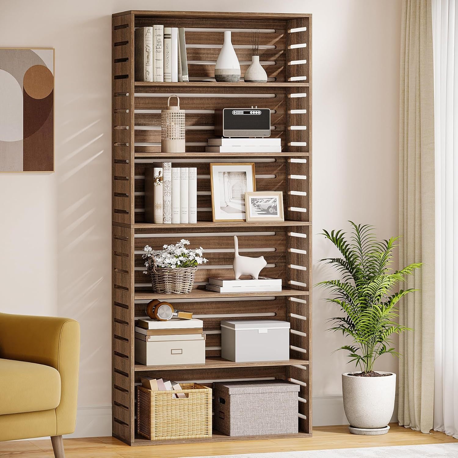 Rustic Brown 6-Tier Wooden Bookcase - 177cm Tall Floor Standing Display Shelf with Storage Easy Assembly Anti-Tip Kit