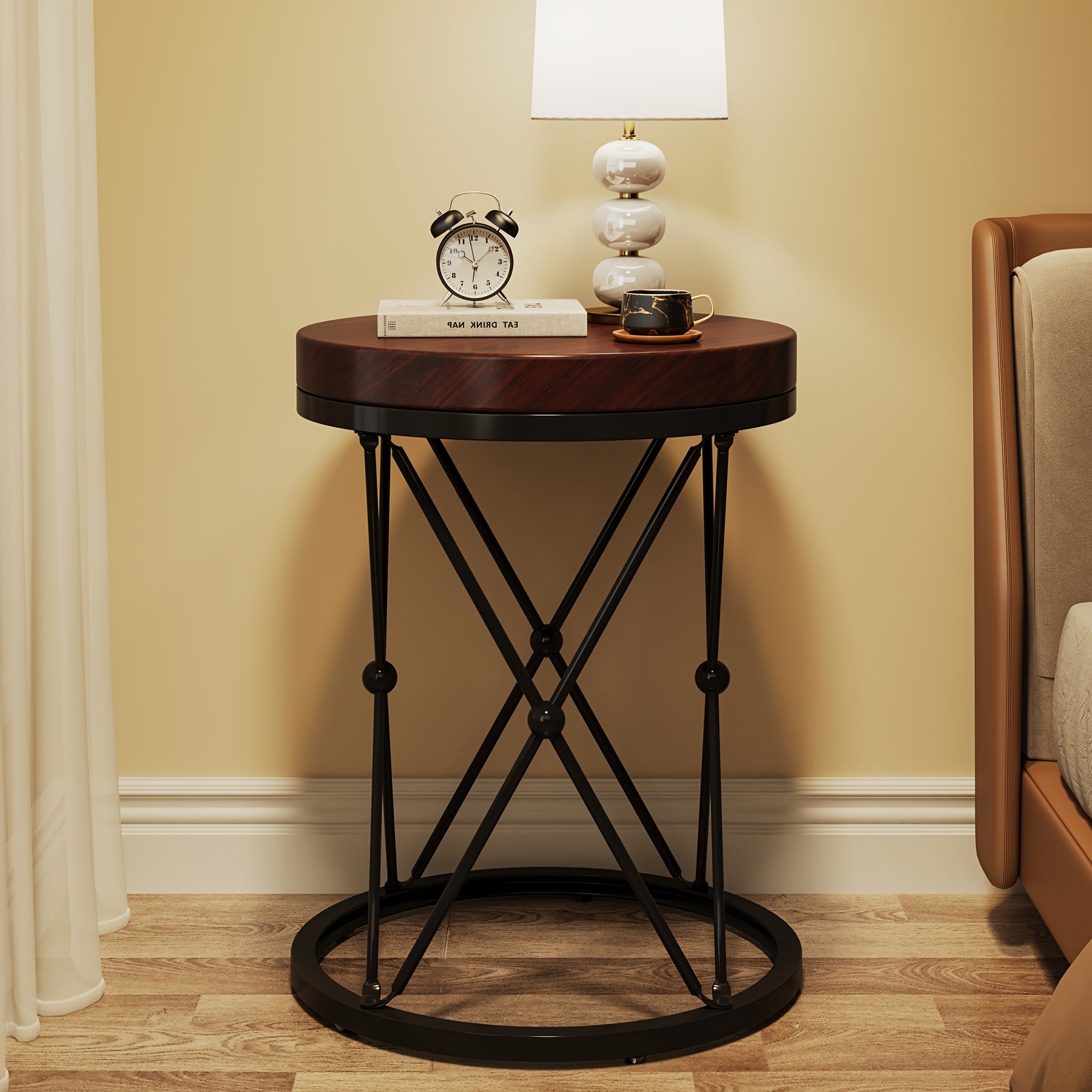 19.69" Round End Table, Modern Sofa Side Table With X-Shaped Base, Wooden And Metal Cocktail Table Accent Table Nightstand For Living Room Bedroom