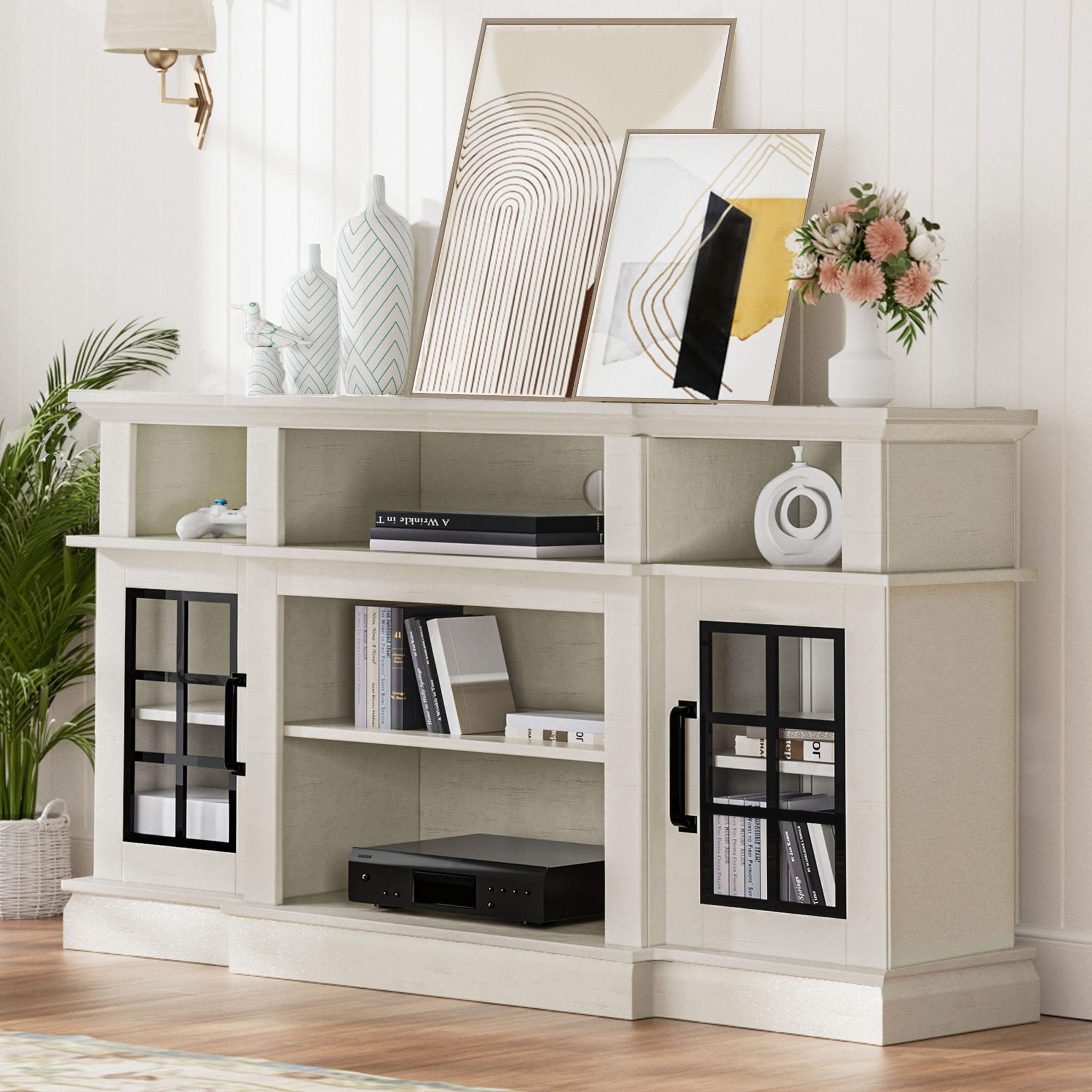 Wooden Dining Cabinet Antique White Cabinet TV Stand With Glass Door Display Table For Living Room Storage Cabinet