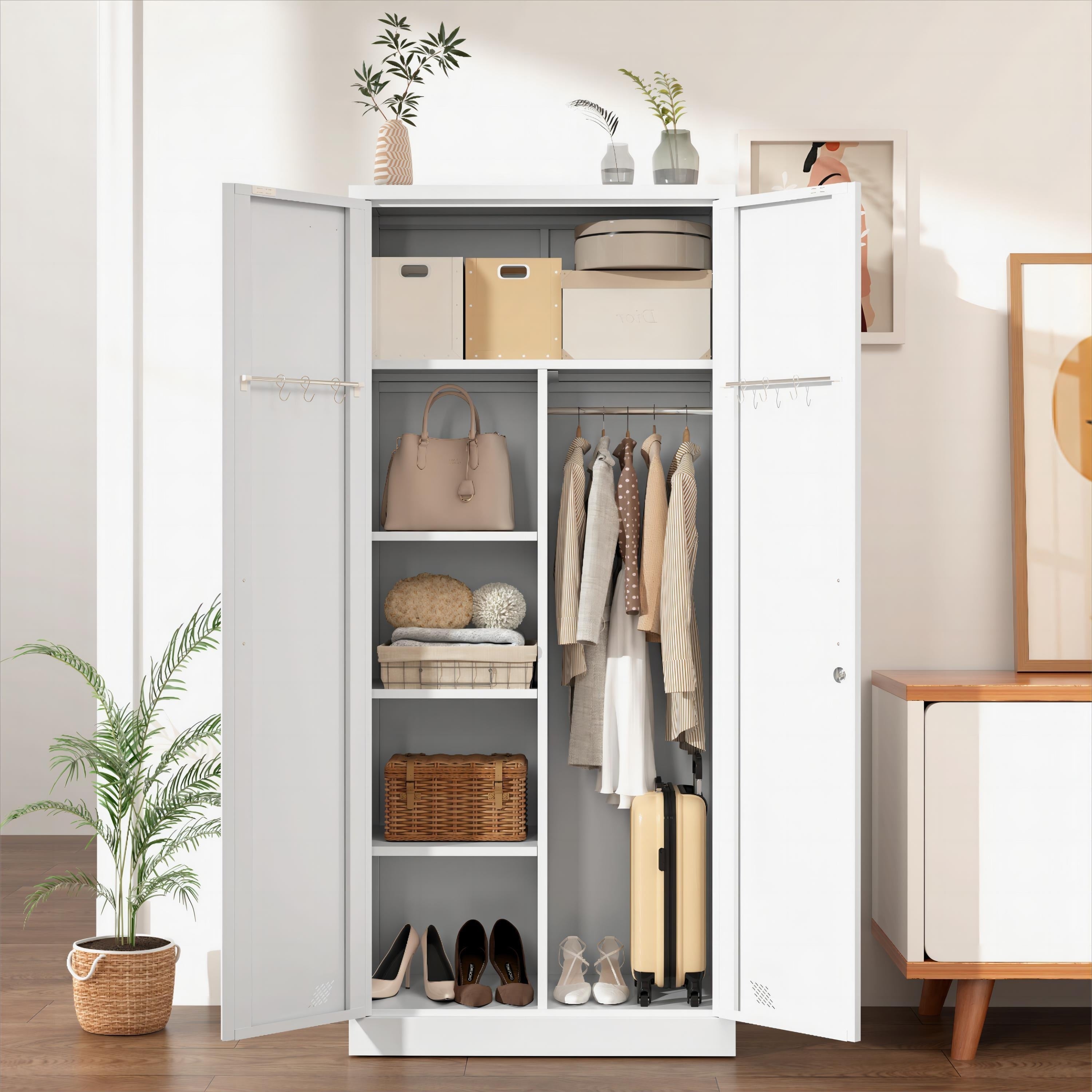 Modern Freestanding Wardrobe Armoire with Metal Handle - WHITE - Wardrobe & Armoire’s Westberry Furniture
