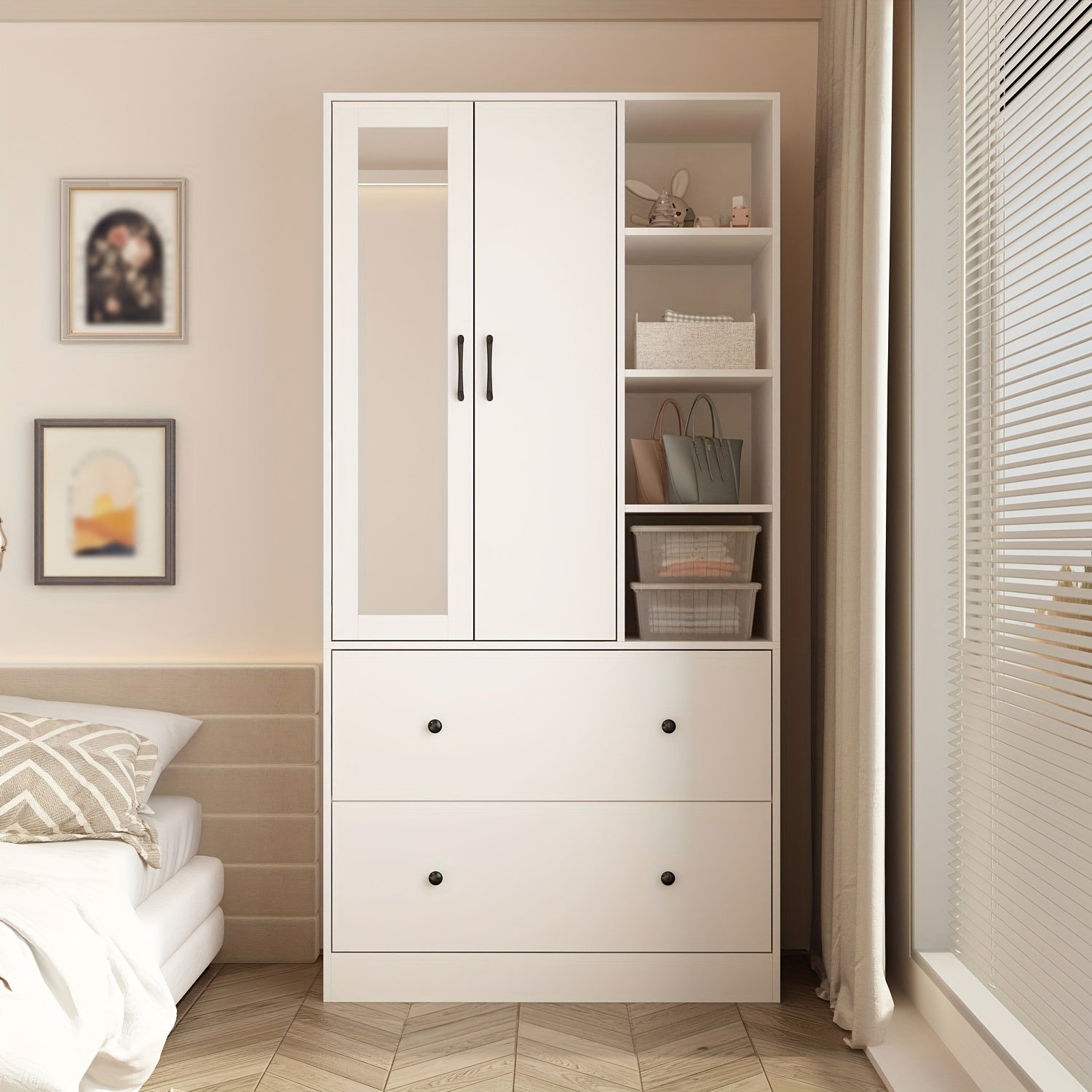 mirrored wardrobe with 2 drawers, 2 cabinet doors, and open shelves, large storage space, white