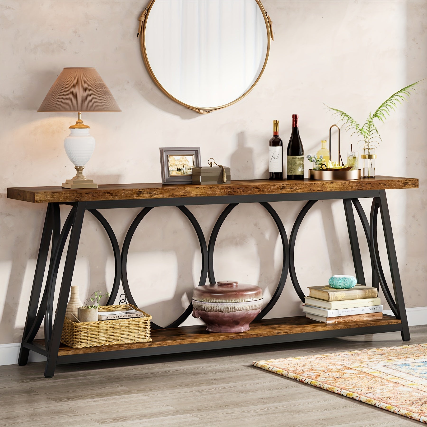 70.9-Inch Extra Long Console Table: Industrial Sofa Table With 2-Tier Storage Shelf For Behind Couch Narrow Entryway