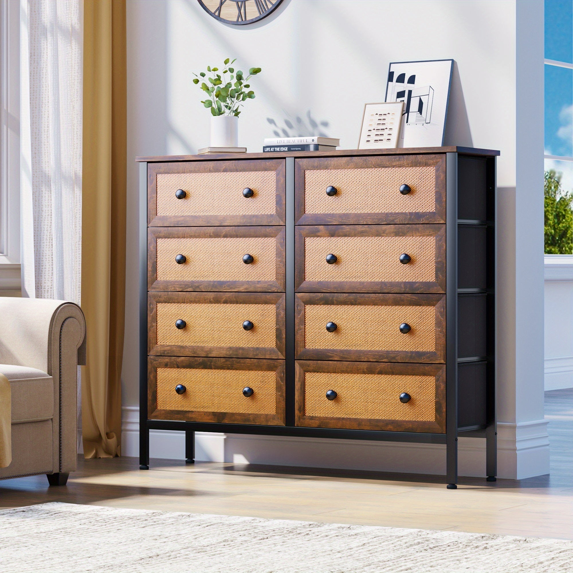 Chest of Drawers Rattan Woven Dresser with 8- Drawer Bedroom Storage Organizer