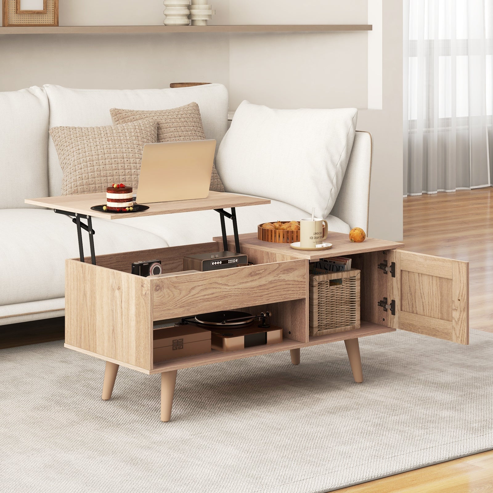 Contemporary Lift Top Coffee Table with Hidden Storage Compartment and Adjustable Height, Wood Construction with Open Shelf and Cabinet, No Electricity Required, Home and Office Furniture