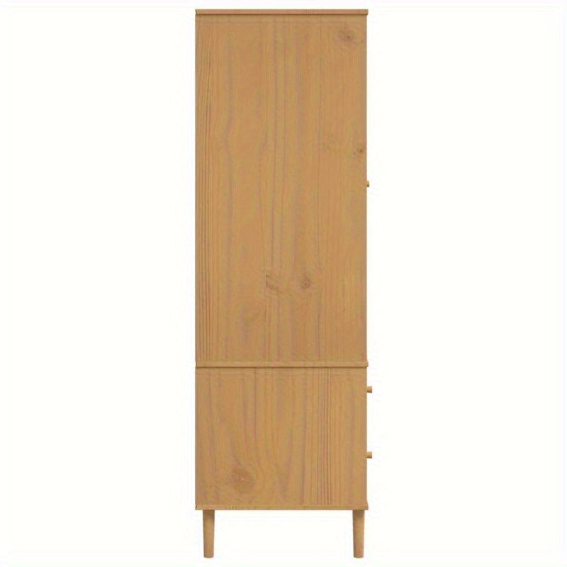 Wardrobe Rattan Look Brown 35.4"x21.7"x68.9" Solid Wood Pine, provides ample storage space, door surface is handcrafted cane