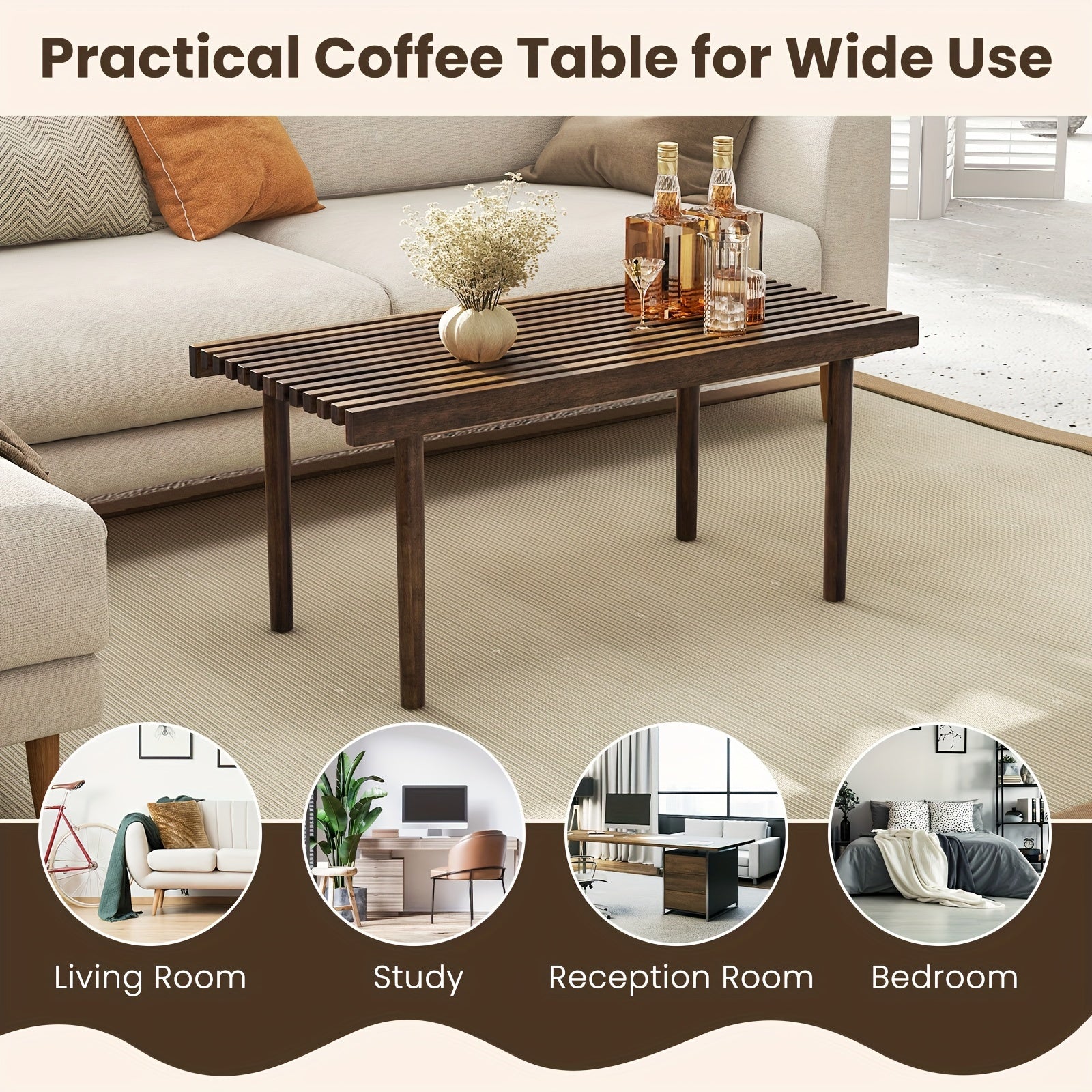 1pc 40 Inch Coffee Table, Wood Rectangle Cocktail Tea Table, Slatted Tabletop, Brown