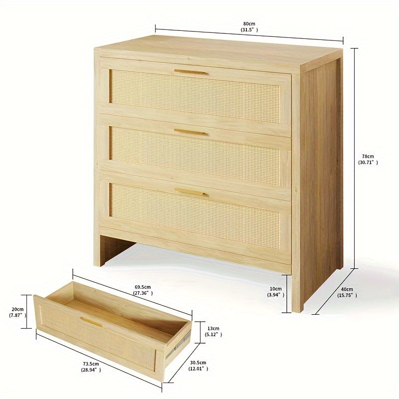 3 Drawer Dresser for Bedroom Rattan Modern Wooden Dresser Chest with Golden Handles, Wood Storage Cabinet Beside Table