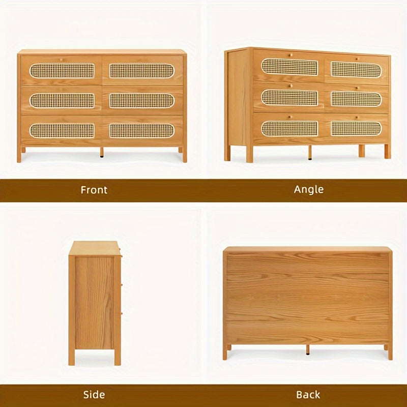 6 Drawer Dresser 120cm Rattan Double Dresser with Handles 3 Layers Chest of Drawers for Bedroom Living Room Oak Color