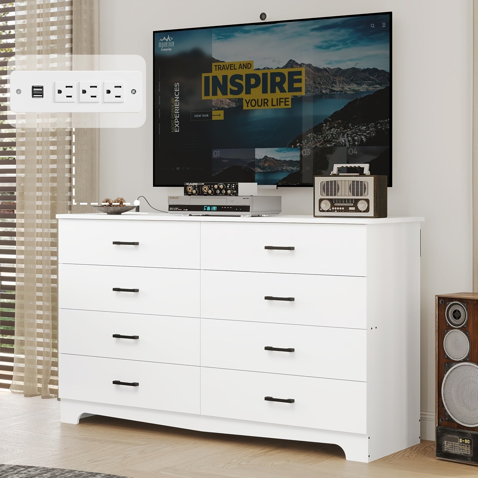 8 Drawer Bedroom Dresser Large Drawer Chest With Charging Station 55.1 Inch Wide Storage Wardrobe Organizer Living Room