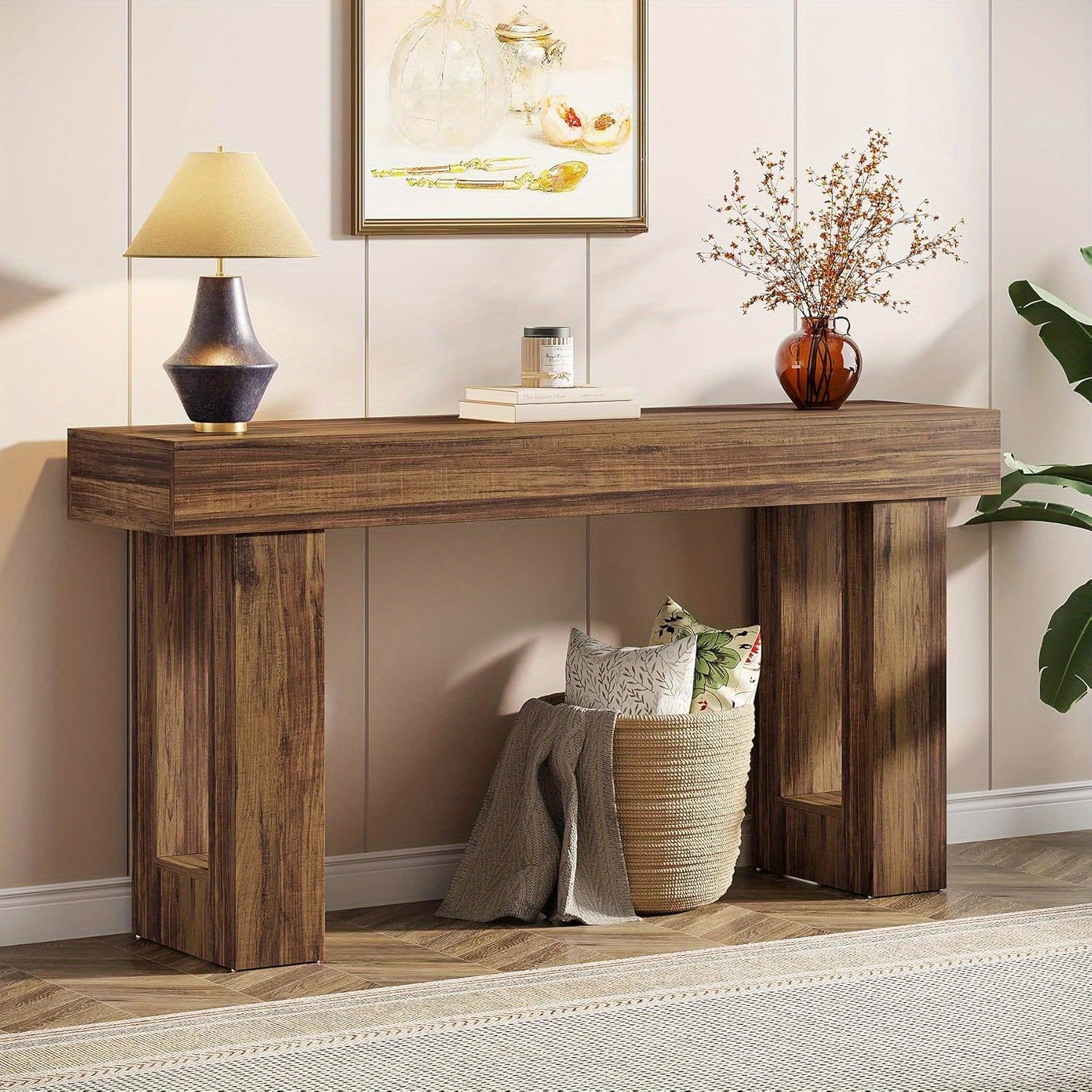 Chic 63" Long Wooden Console Table with Open Storage Space - Contemporary Farmhouse Style, Sturdy Hardwood Construction, Ideal for Entryway, Hallway, Living Room - Features Perfectly Aligned Top & Base Width