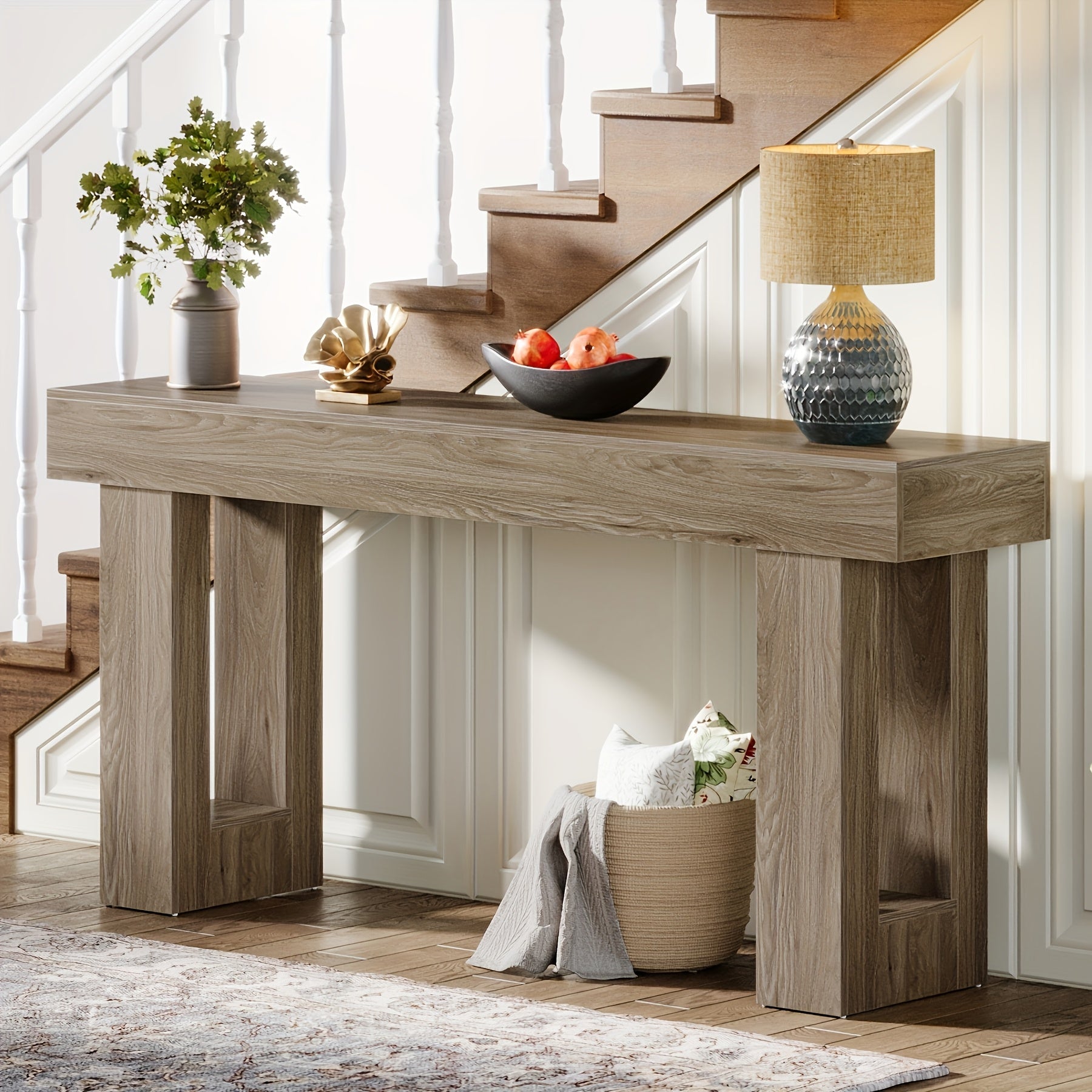 Chic 63" Long Wooden Console Table with Open Storage Space - Contemporary Farmhouse Style, Sturdy Hardwood Construction, Ideal for Entryway, Hallway, Living Room - Features Perfectly Aligned Top & Base Width