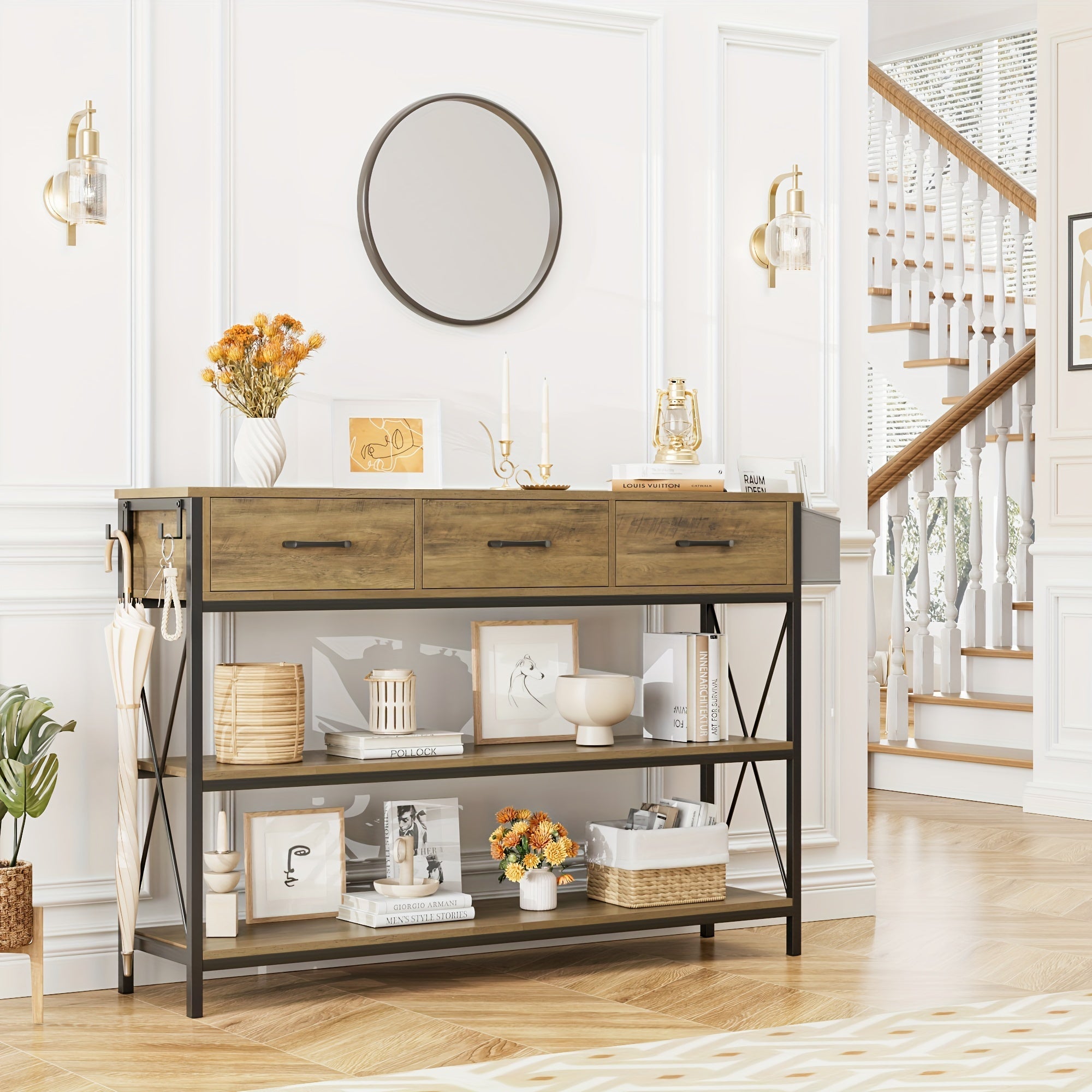 Industrial Console Table With 3 Drawers, Vintage Hallway Foyer Table With Storage Shelves, Narrow Long Sofa Entryway Table For Living Room