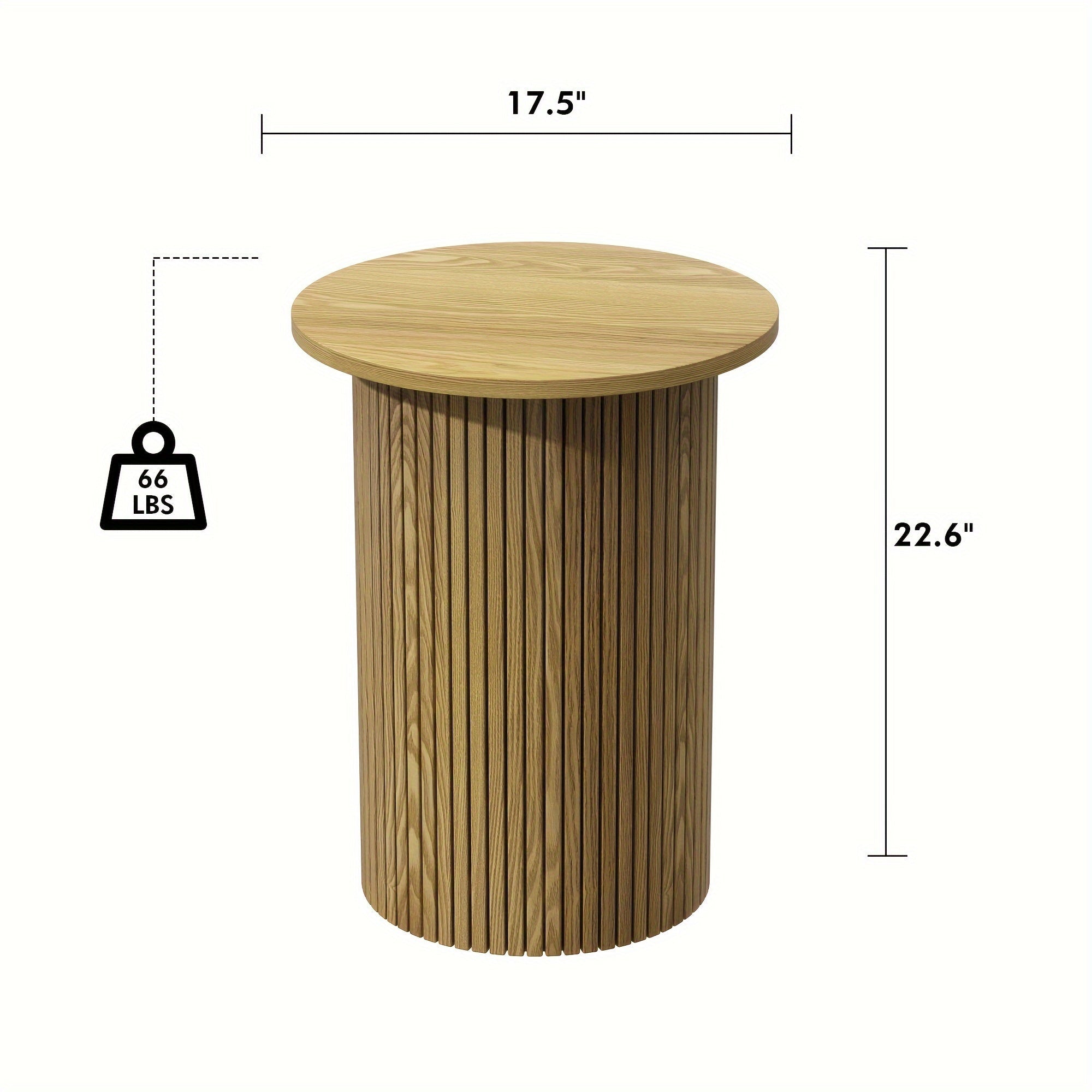 Round Fluted End Table, Small Accent Pedestal Nightstand For Living Room & Bedroom, Modern Wood Bedside Table With Natural Finish