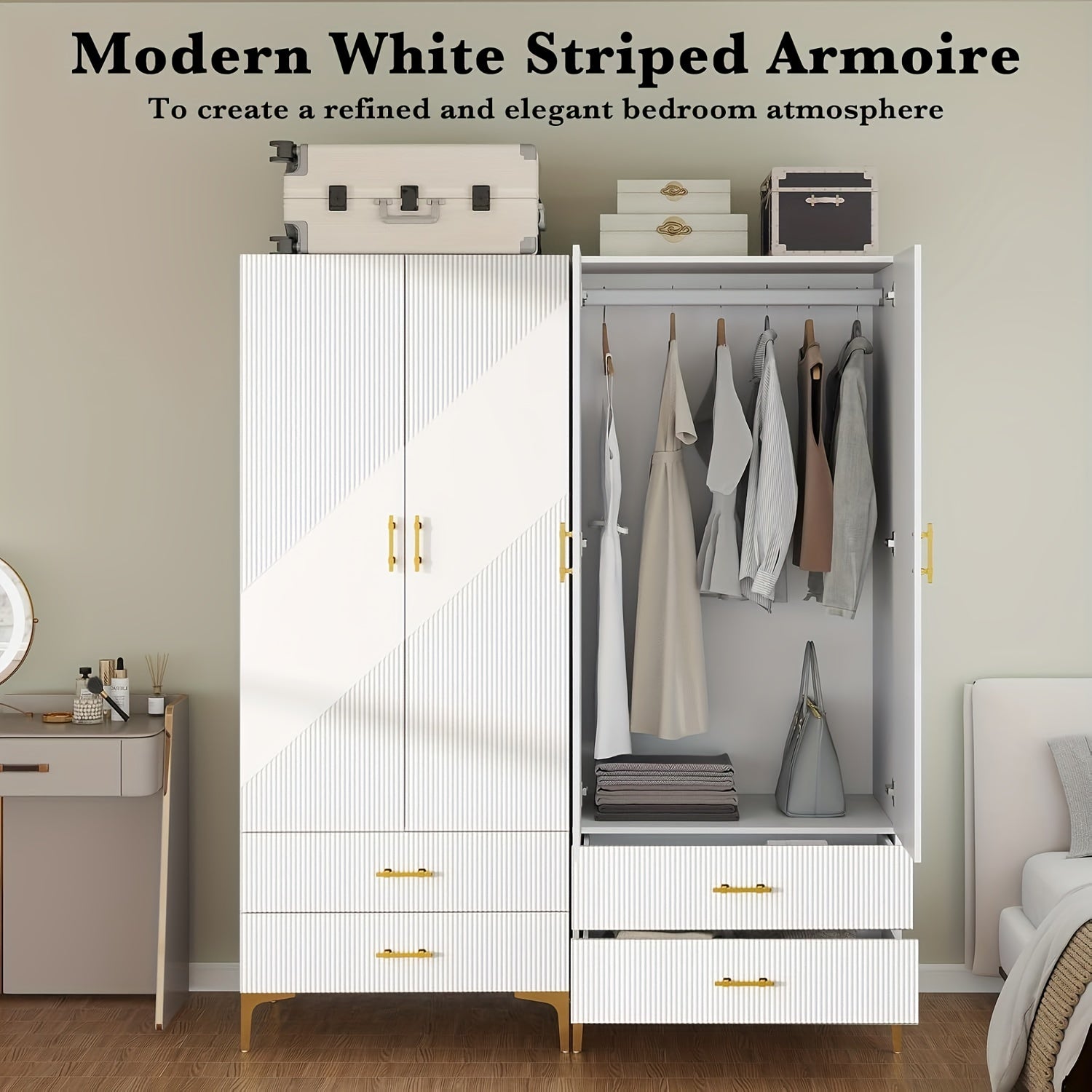 Wood White Wardrobe Closet With Drawers: 2 Doors - 2 Drawers And Armoire With Hanging 1 Rod - Cabinet Handle With Metal