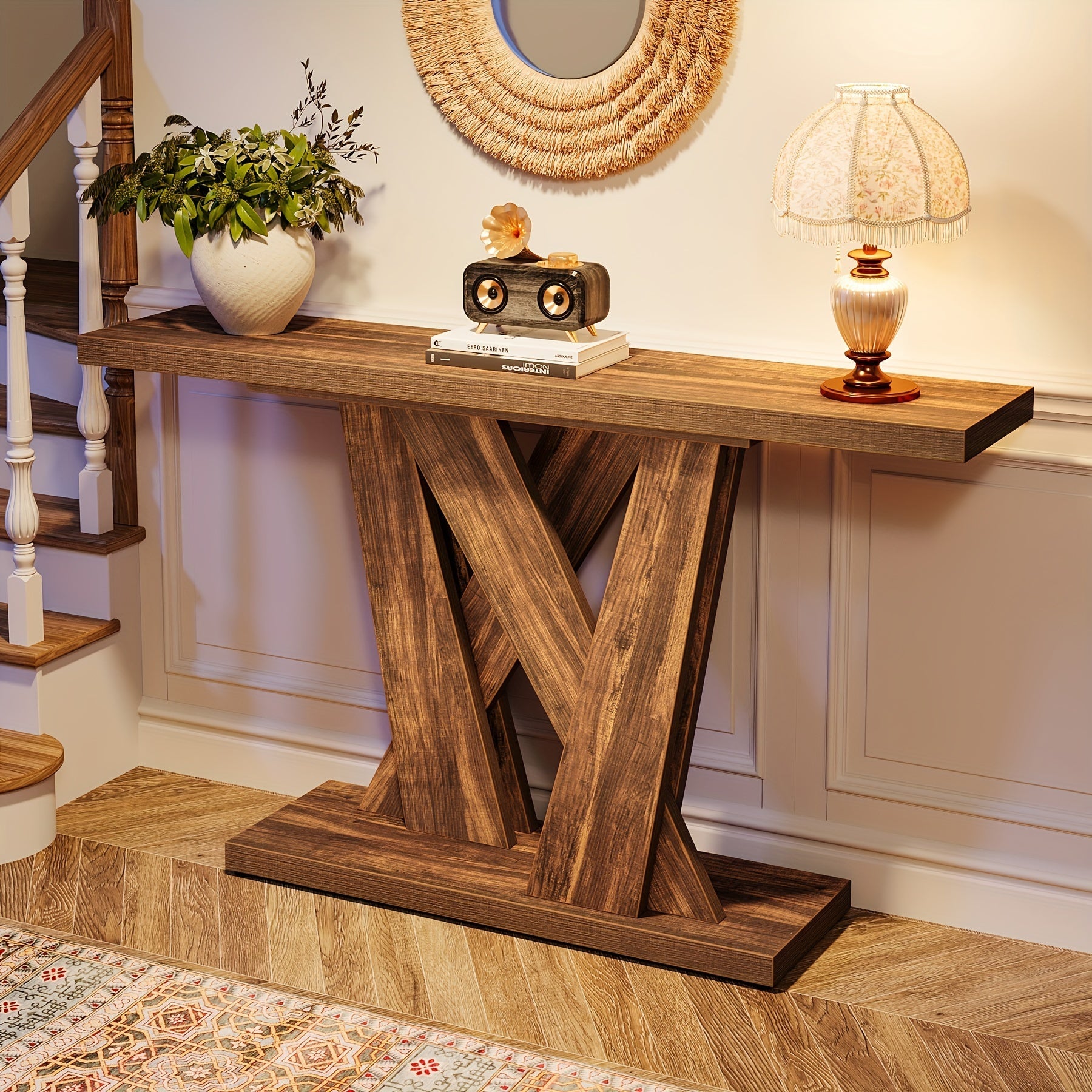 55-Inch Farmhouse Console Table, Entryway Table With Geometric Base, Narrow Sofa Table Rustic Wood Hallway Table For Entrance, Living Room, Foyer