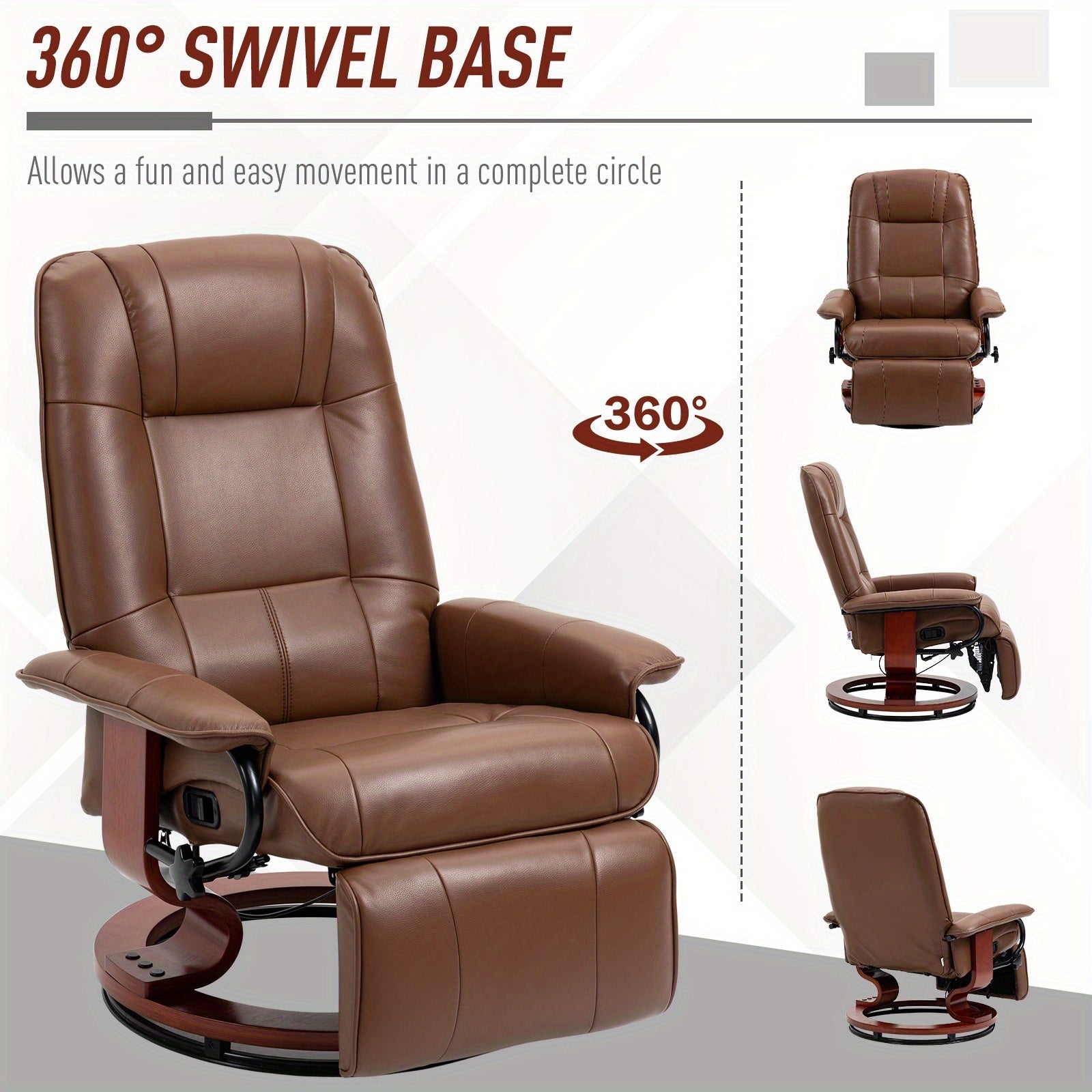 Brown Faux Leather Recliner - Adjustable Swivel Lounge Chair with Footrest, Armrests & Solid Wood Base for Living Room