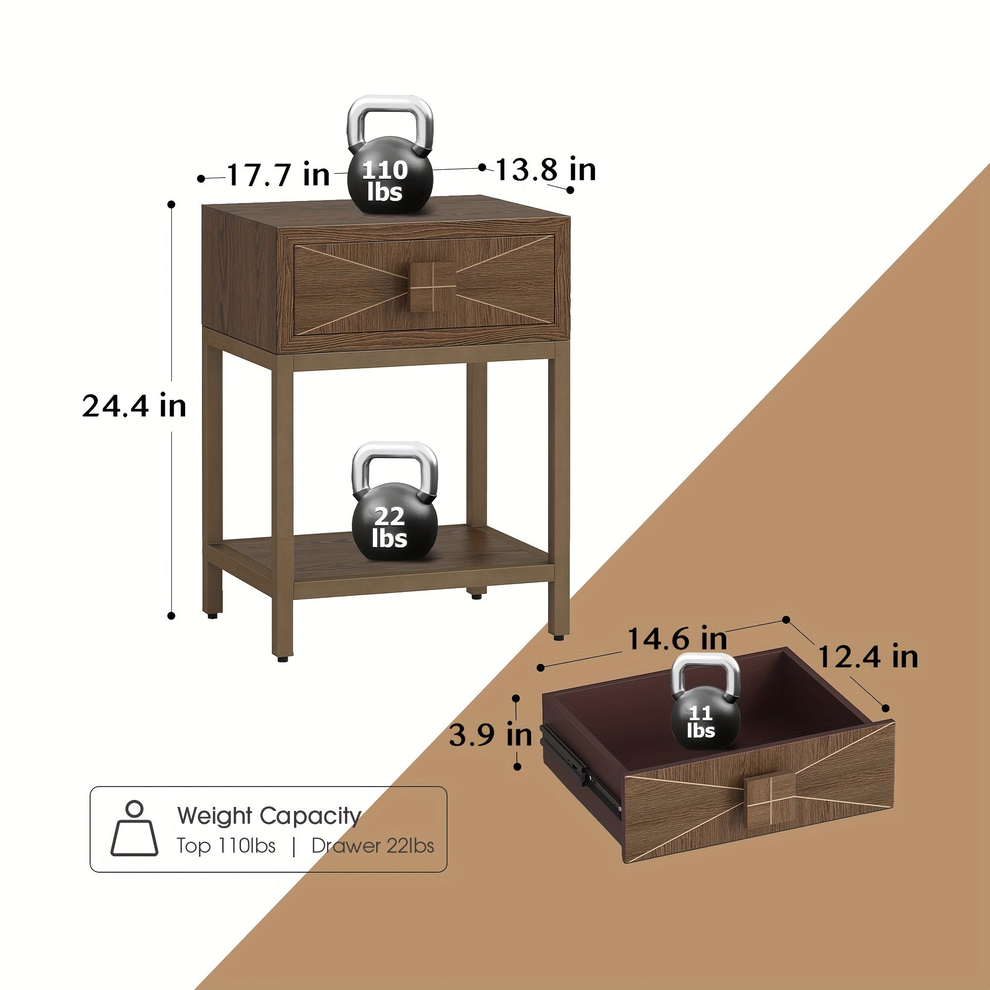 Nightstand, Modern Nightstand with Drawers, Sofa Table, 24.4 "tall End Table, Open Shelf with Storage, Rustic Side Table, Living Room End Table, Dining Room Locker, Toy Storage Cabinet, Door Entrance Accent Cabinet, Brown Oak