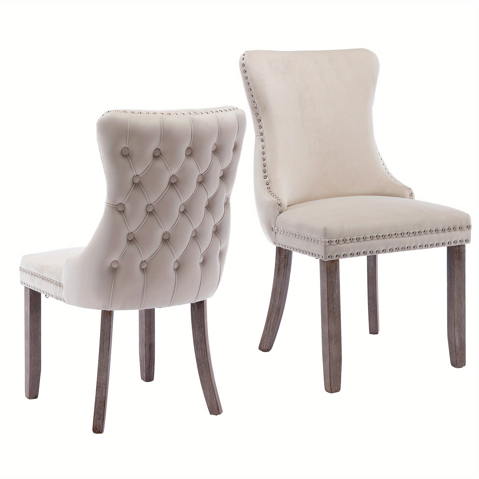 2 PCS Upholstered Wing-Back Dining Chair with Backstitching Nailhead Trim and Solid Wood Legs Beige