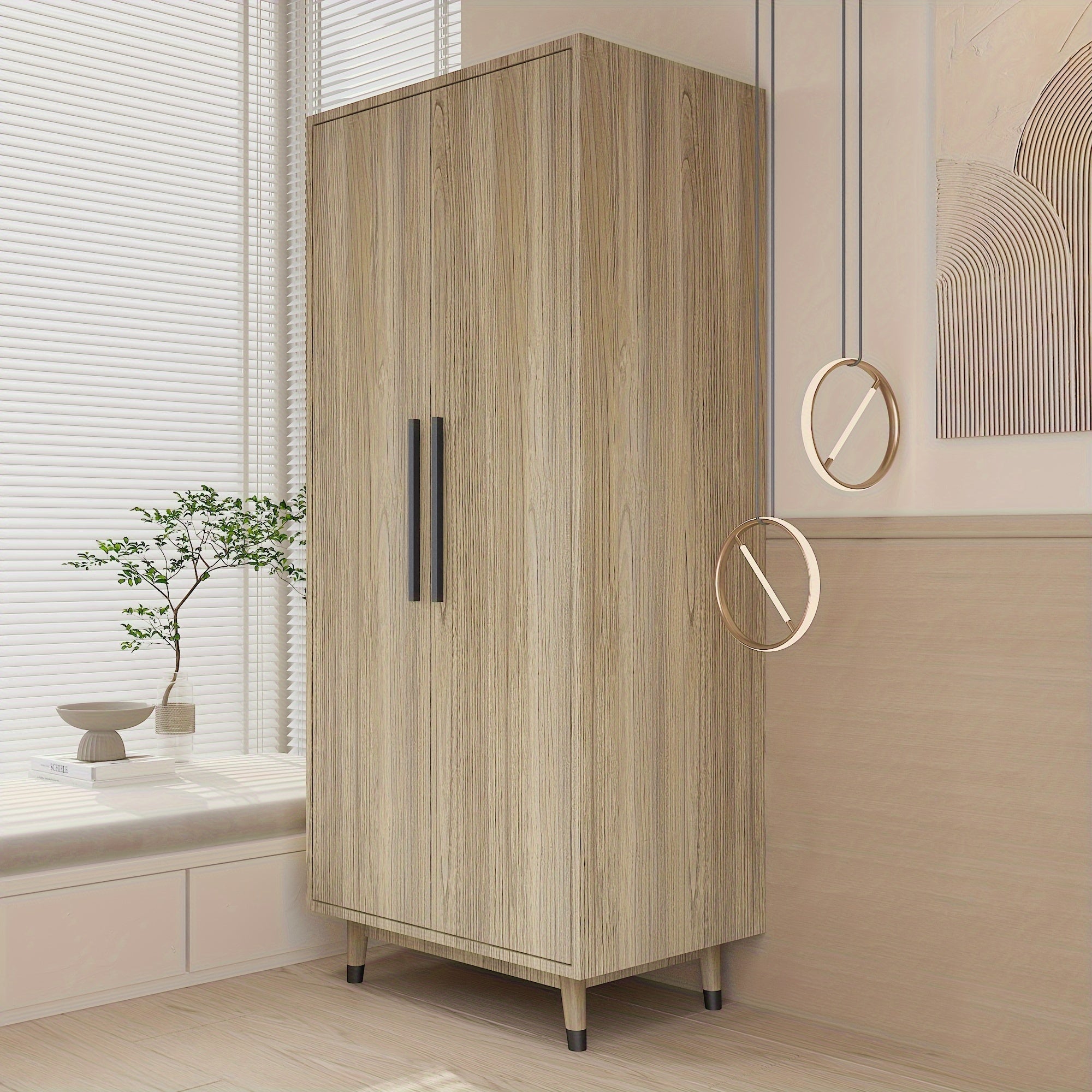 2 Door Armoire Wardrobe Bedroom Closet With 5 Storage Compartments And Hanging Rod For Bedroom