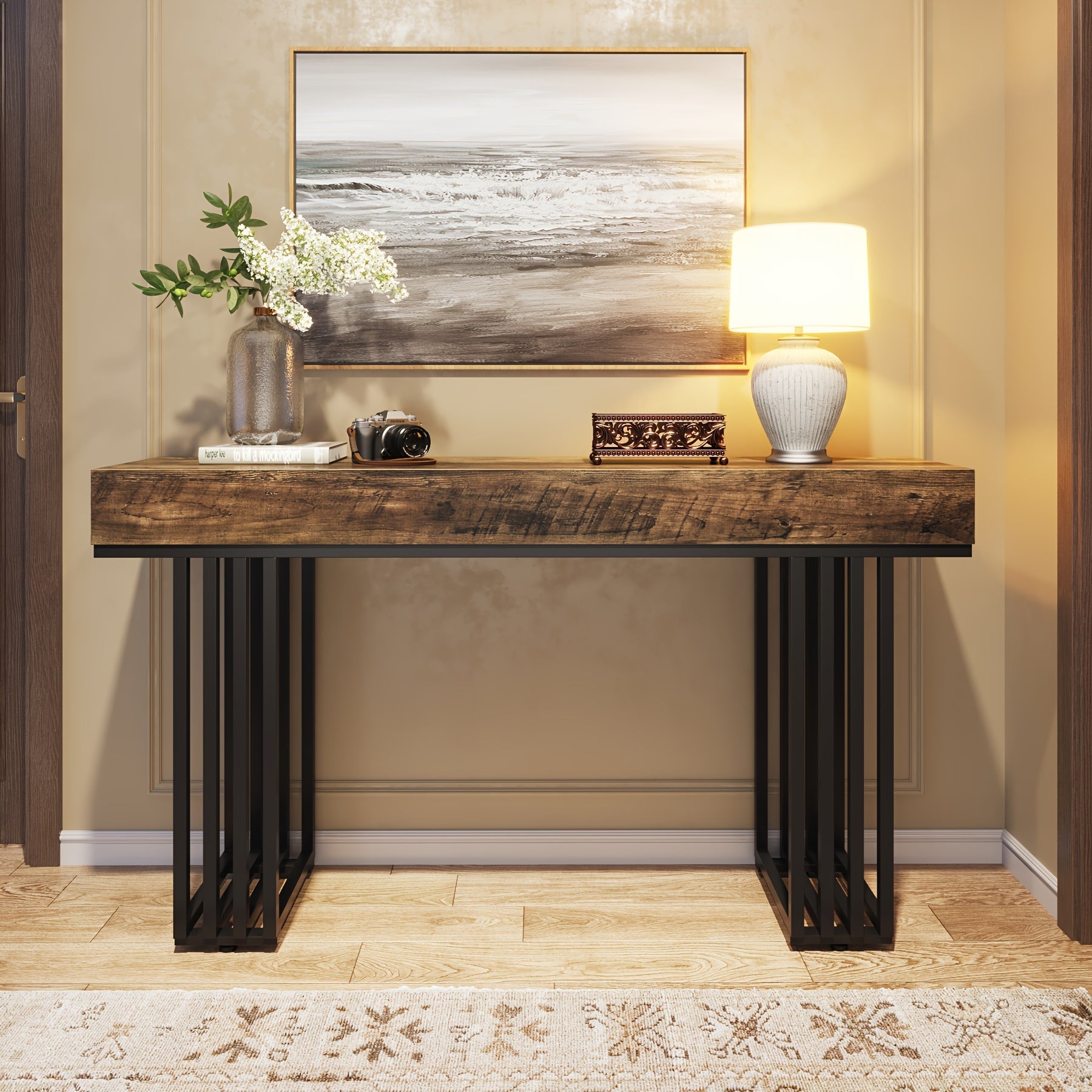 Entryway Table, Farmhouse Natural Console Table With Storage Shelf Wood And Metal Narrow Entrance Table 55.12" Sofa Table For Entry Hallway Living Room