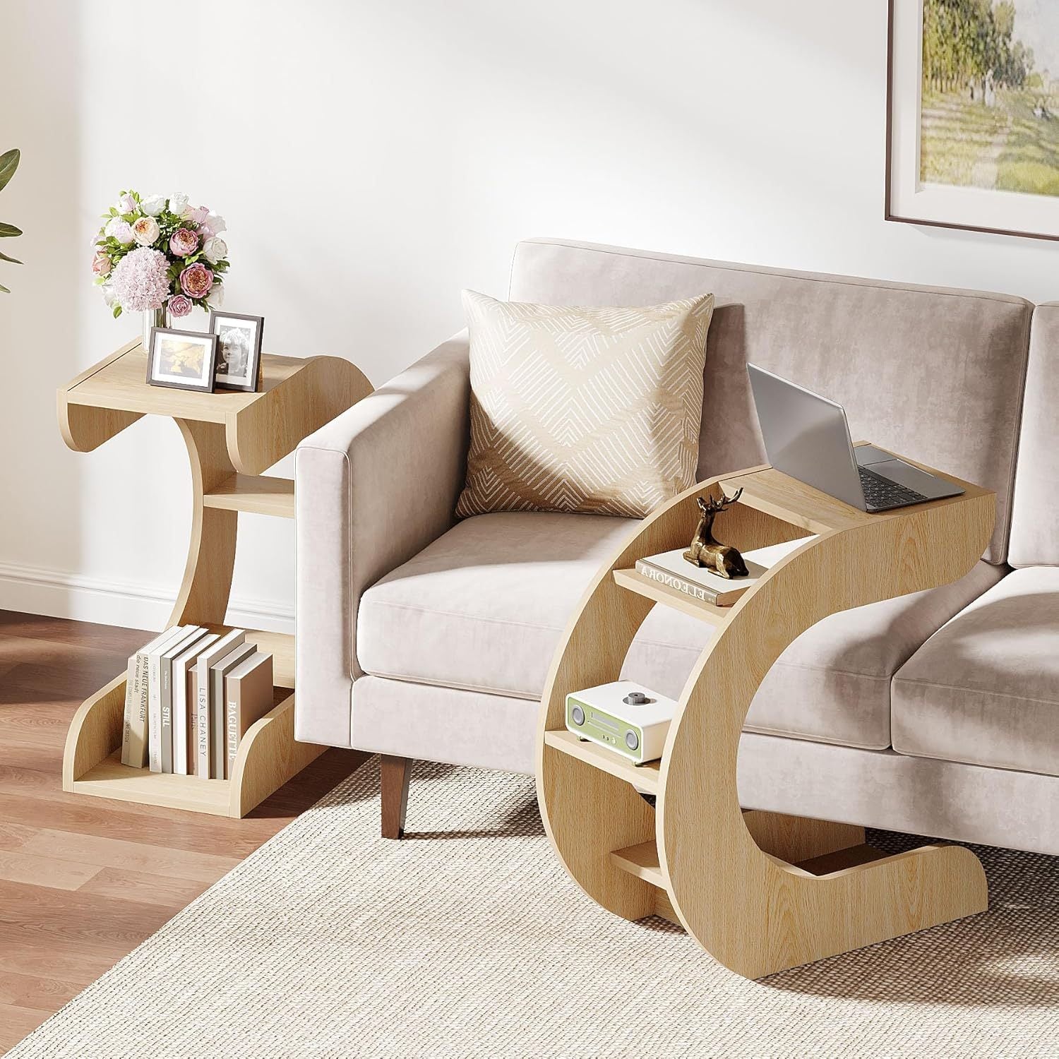 1pc Contemporary Arc-Shaped Wooden Side Table with Multi-Level Storage, Space-Saving Design, Ideal for Living Room Furniture and Christmas Gifts