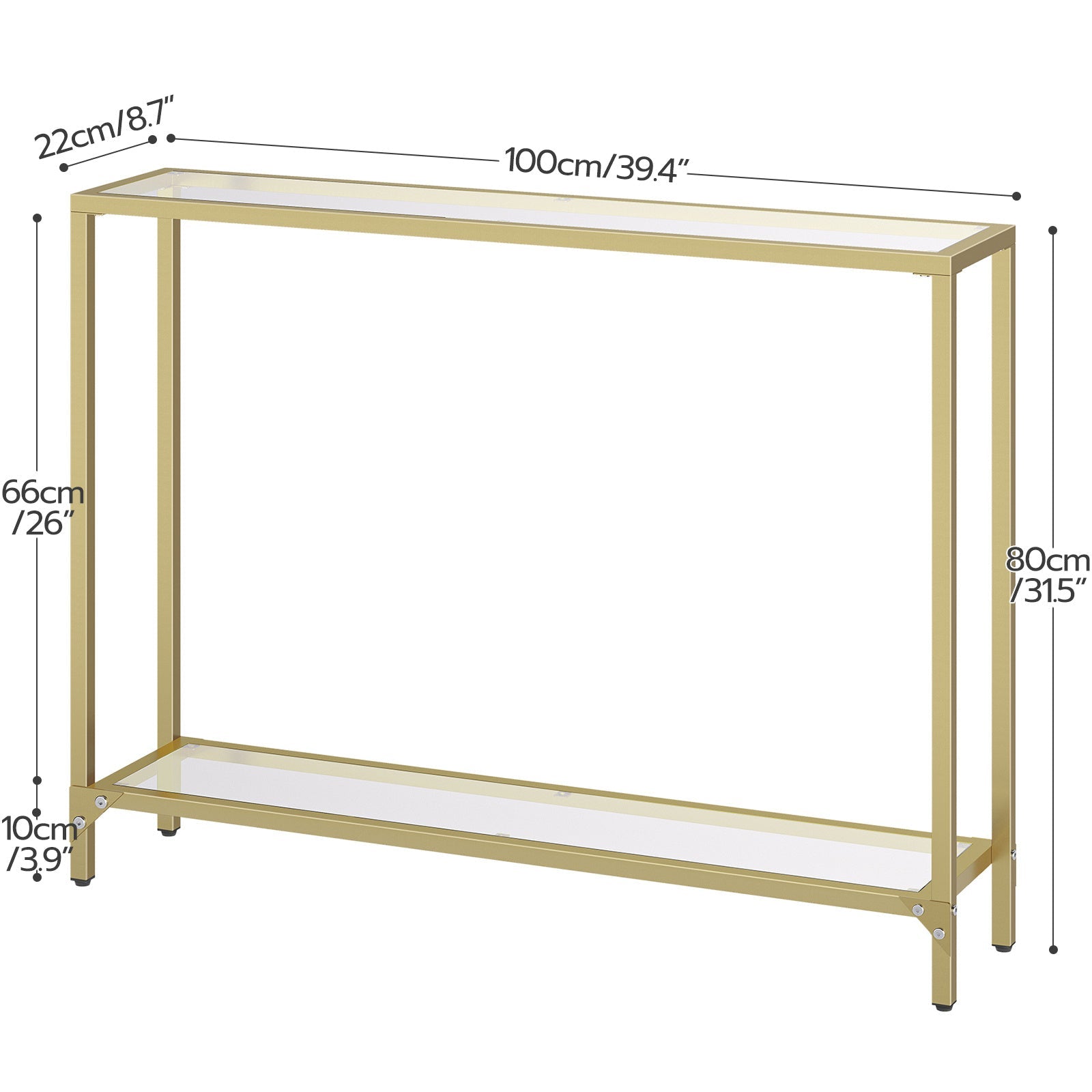 1pc Rustic Golden Metal Frame Console Table with Tempered Glass Top, Multifunctional Sofa Table for Living Room, Hallway - No Electricity Needed, Modern Narrow Couch Table