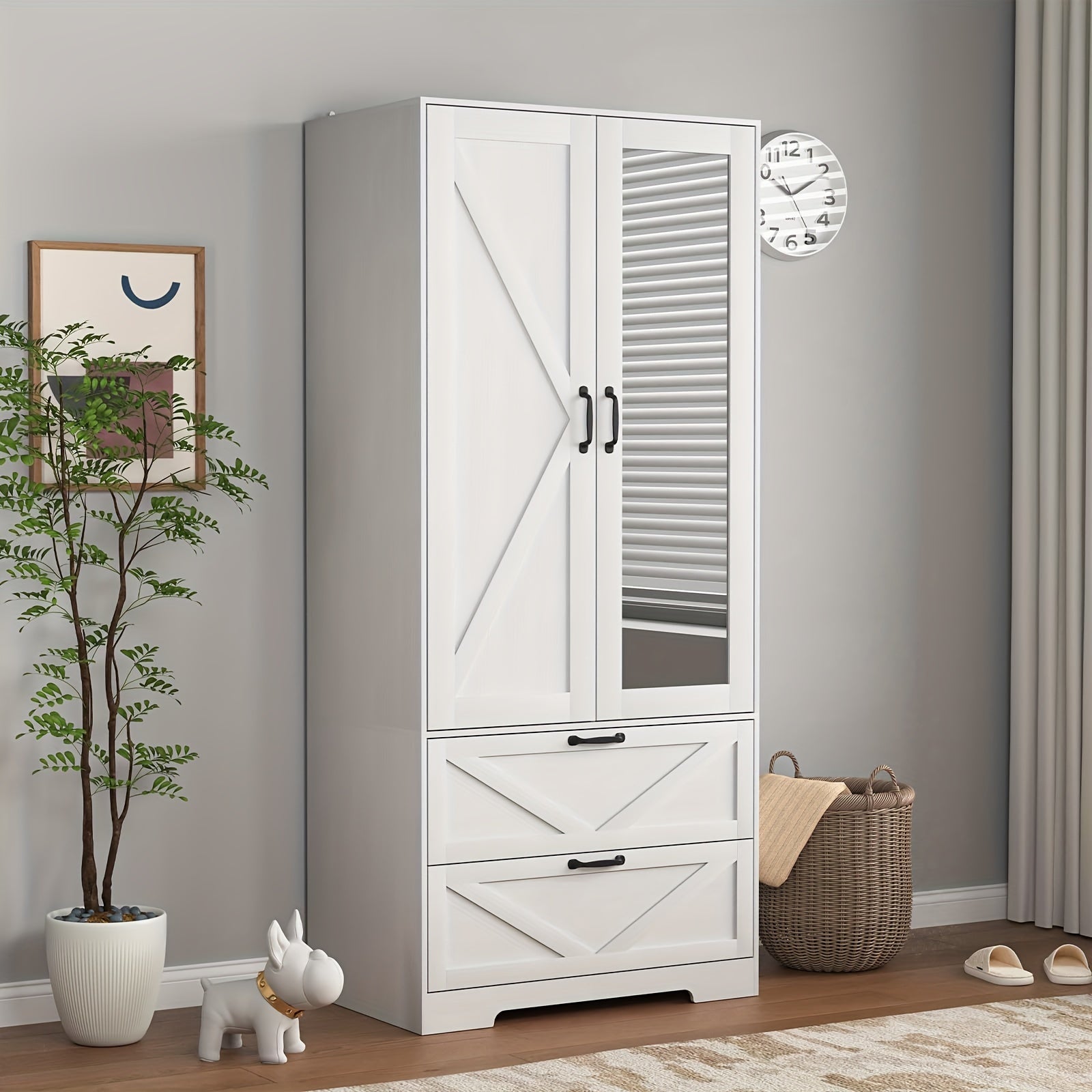 2 Door Wardrobe Closet With Mirror And LED Lights, Farmhouse Bedroom Armoire With Drawers And Shelves, Modern Wooden Armoire Wardrobe Closet With Hanging Rod For Bedroom, White