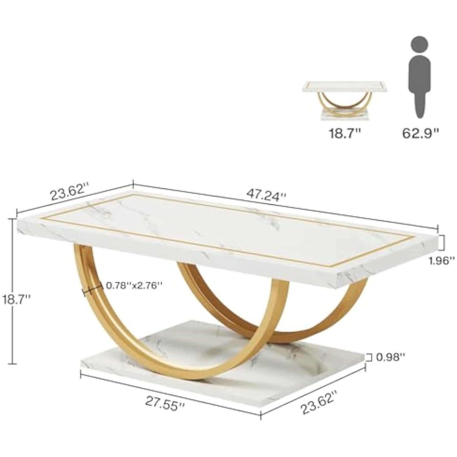 Modern Coffee Table Faux Marble White Golden Coffee Table Rectangle Coffee Table for Living Room, Engineered Wood Coffee Table with Faux Marble Veneer and Heavy Duty Metal Frame, Storage Racks for garage