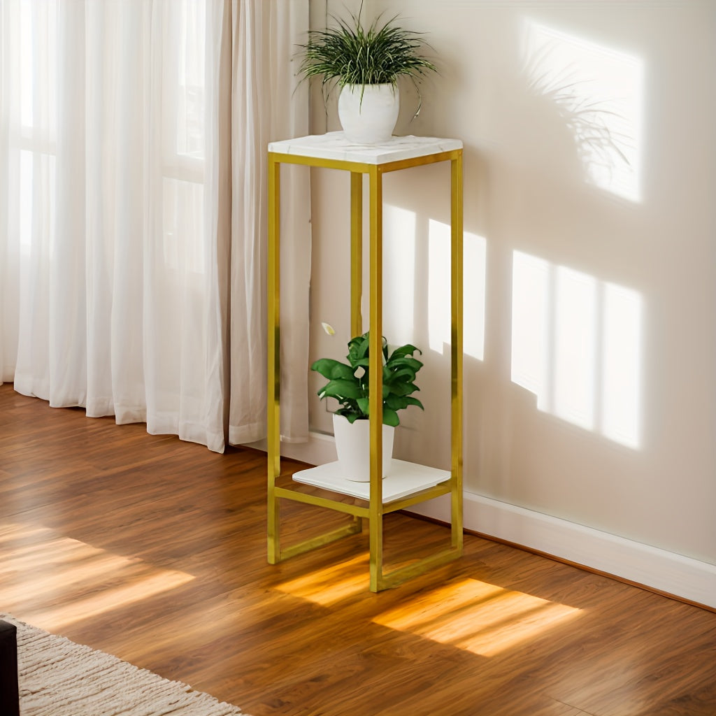 2-Tier Geometric Metal Plant Stand, Indoor Square Flower Holder with Multiple Shelves, Classic Design for Home Decor and Garden Display, Sturdy Golden Frame, White Ceramic Vase Included