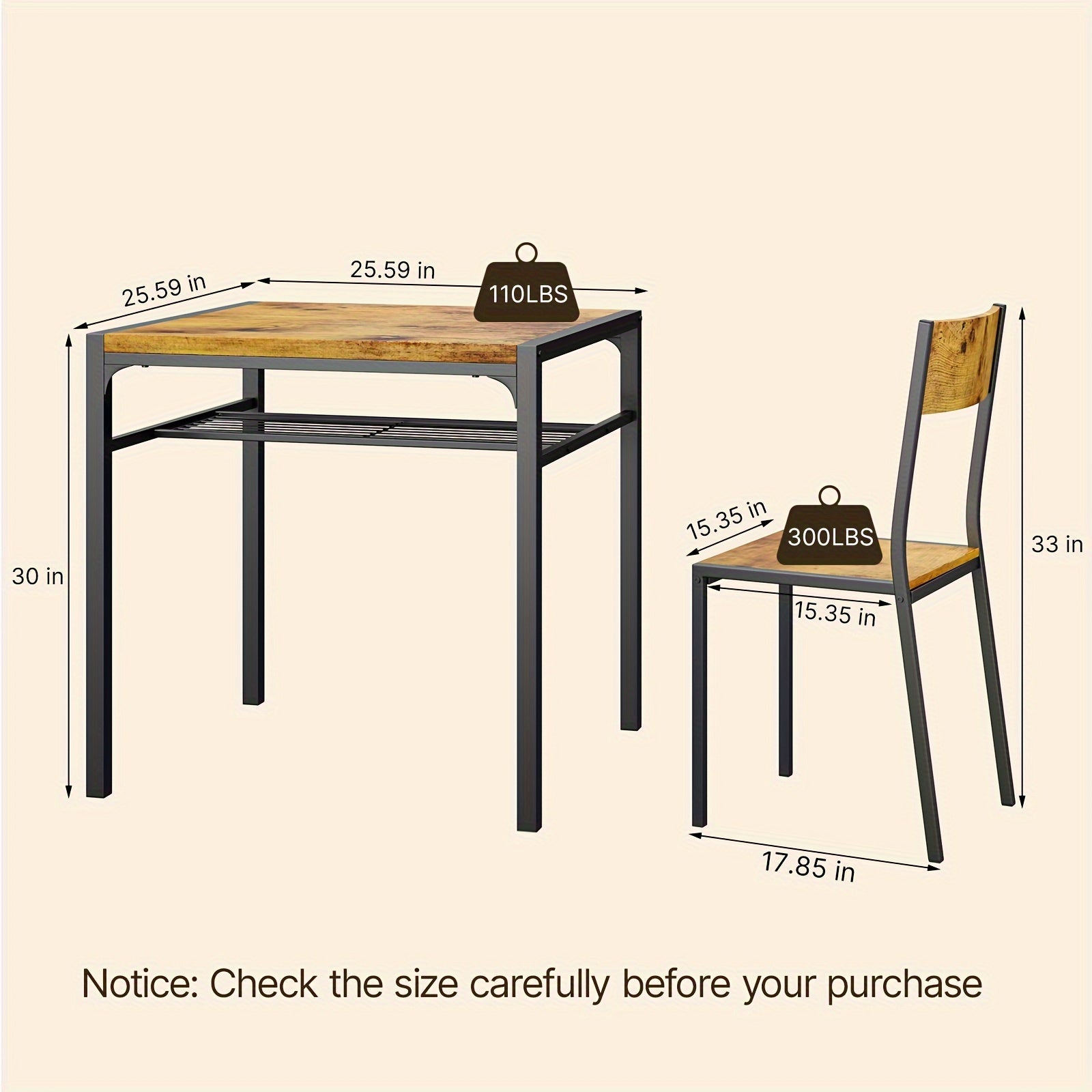 Dining Table Set For 2, 3 Piece Kitchen Table With 2 Chairs For Small Space, Apartment, Kitchen, Dining Room, Space-Saving, Retro