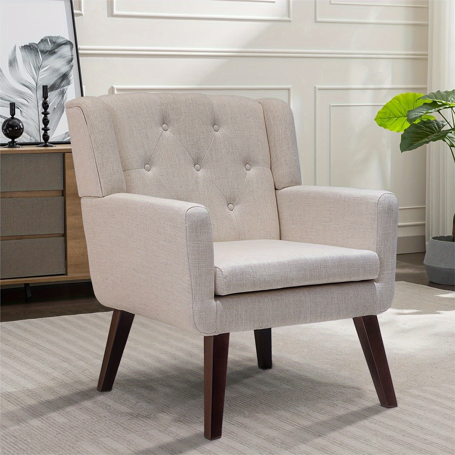 Single Lounge Chair Accent Chair with Arms, Upholstered Living Room Sofa Chair, Modern Cozy Armchair with Pin Decor on Backrest and Wood Legs