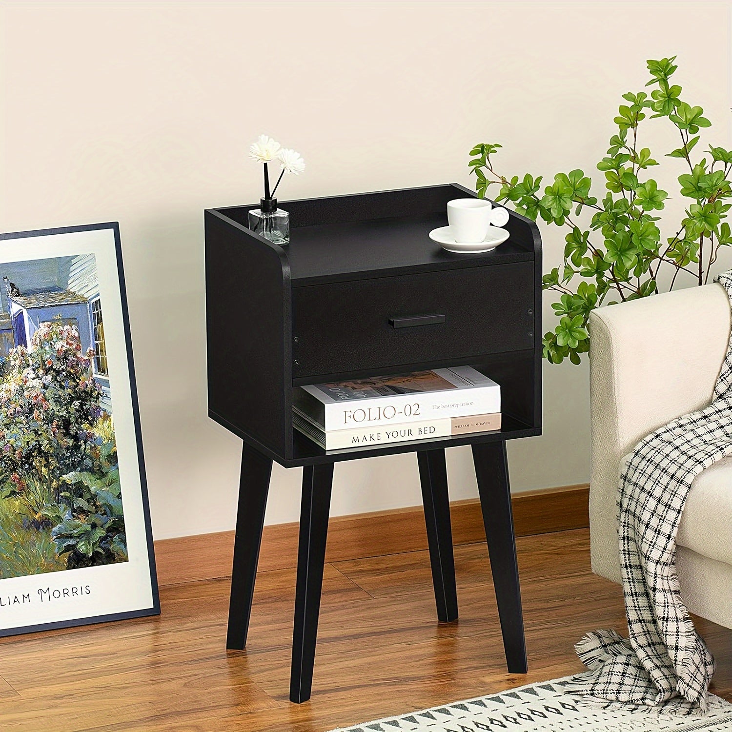 Black Nightstand, Modern Bedside Table With Drawer, Wood End Table For Small Space, Side Table With Storage, Night Stand For Bedroom/Living Room/Dorm