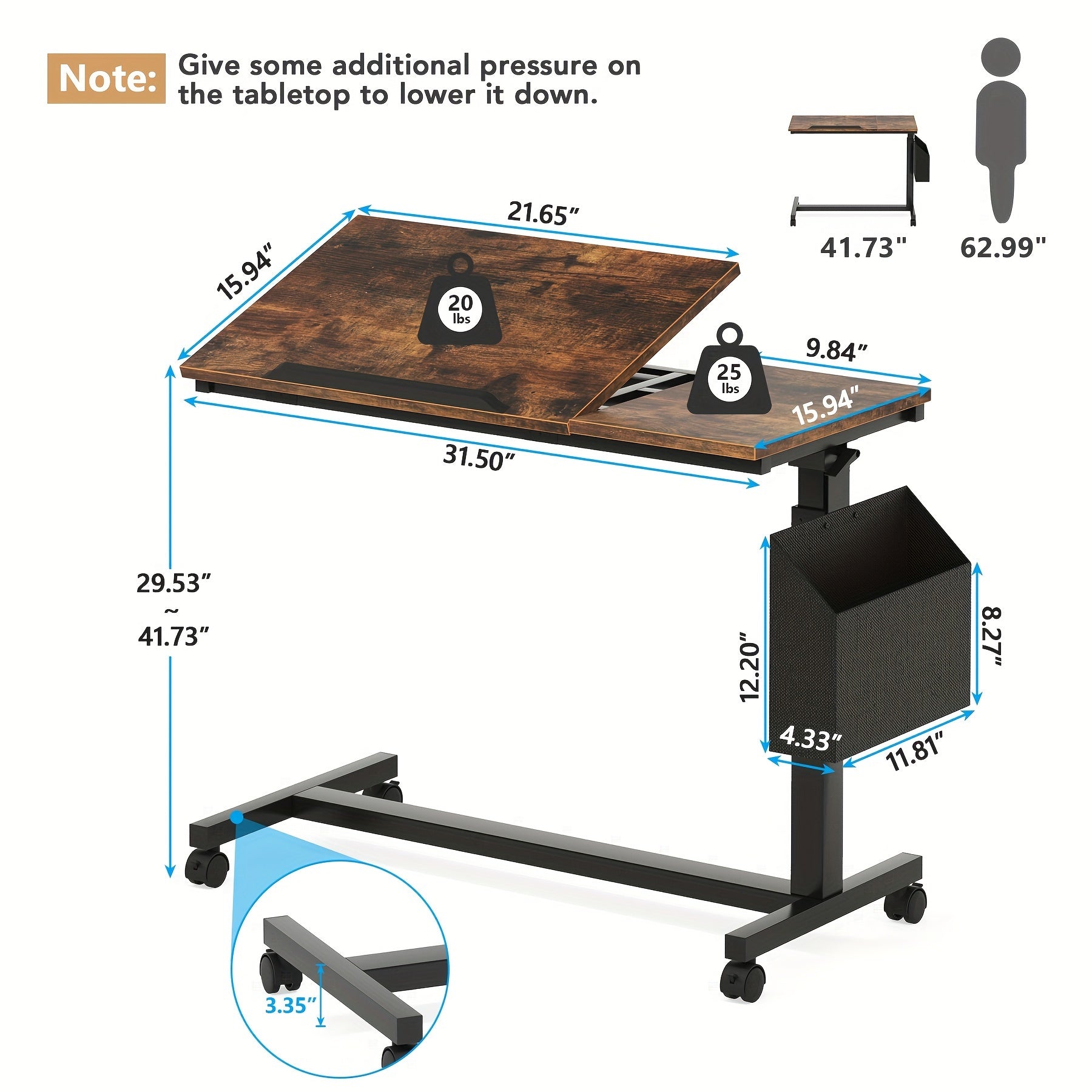 C Shaped Height Adjustable End Table with Wheels and Side Pocket, Mobile Sofa Table with Tiltable Drawing Board, Laptop Side Tray Table for Couch Bed