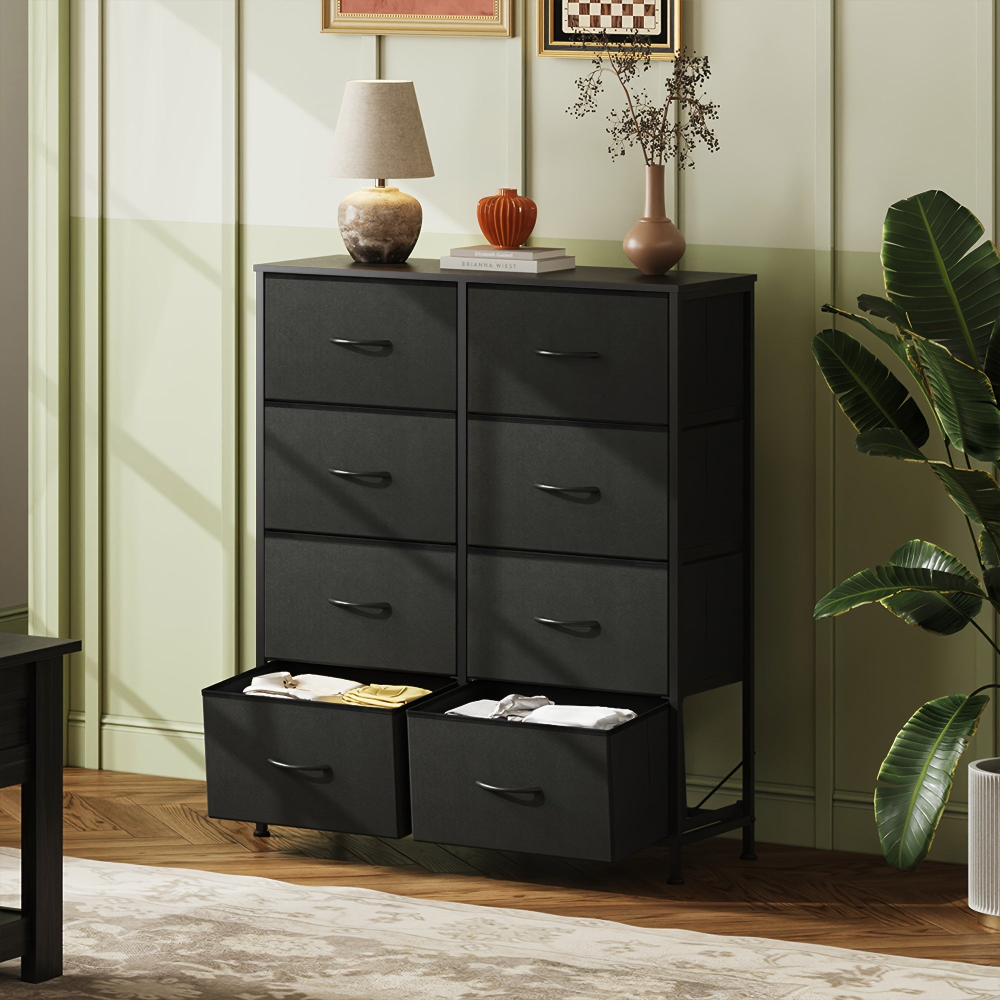 Tall Dresser with 8 Drawers, Storage Tower with Fabric Bins, Double Dresser, Chest of Drawers for Closet, Living Room, Hallway, Charcoal Black