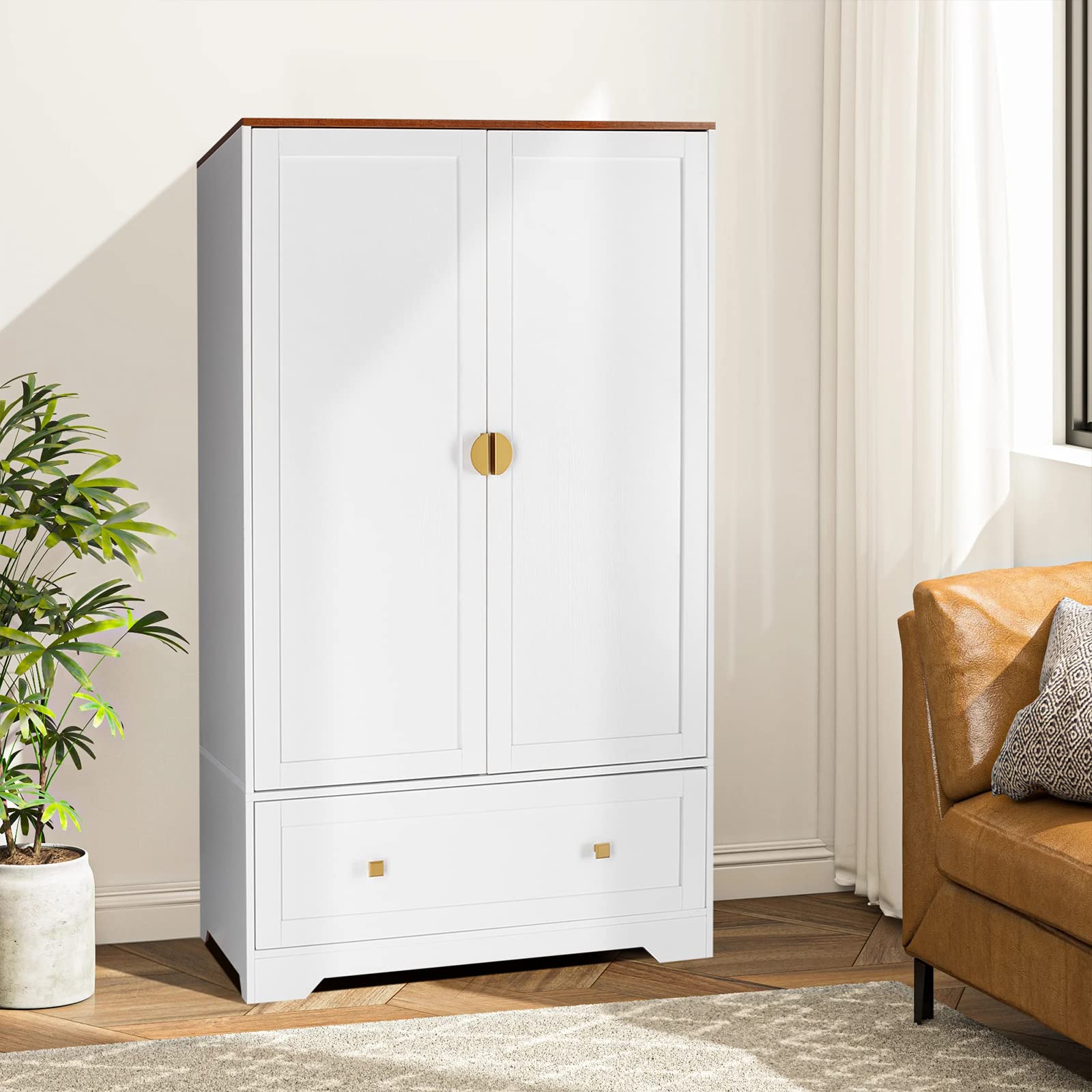 Wide Armoire Wardrobe Closet with Shelves, Hanging Rod and Drawers, Freestanding Closet Wardrobe Cabinet, Armoires and Wardrobes with Doors for Bedroom, Dorm