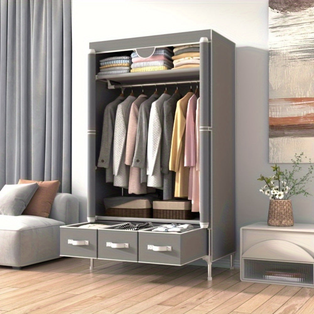 Portable Wardrobe Sliding Door Wardrobe, with Hanging Rack and Non-woven Storage Rack, with Three Drawer Boxes, No Tools Required for Assembly - 67in*35.4in*17.7in Gray, Portable Closets