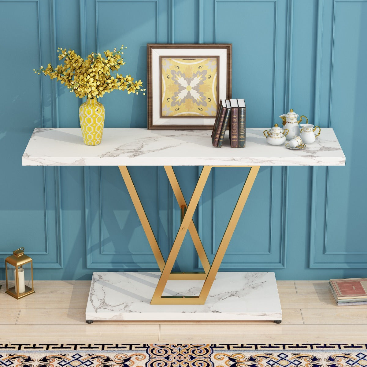 Console Table: 42-Inch Industrial Entryway Table for Living Room - Narrow Sofa Table with Sturdy Metal Frame, Easy Assembly in Elegant Golden/ White - Perfect for Holiday Decor and Creating a Warm, Welcoming Entrance This Sea