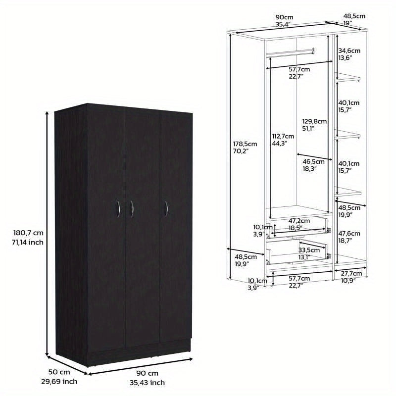 Spacious Black 3-Door Armoire Wardrobe with 2 Drawers - Durable Hardwood Construction, Modern Design, Easy Assembly, Ideal for Bedroom Storage, Bedroom Decor