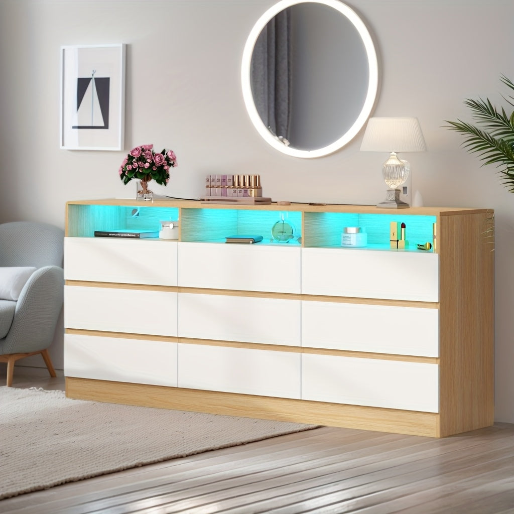 Modern 9-Drawer Dresser with LED Lighting & Built-In Power Socket - White Freestanding Storage Organizer for Bedroom
