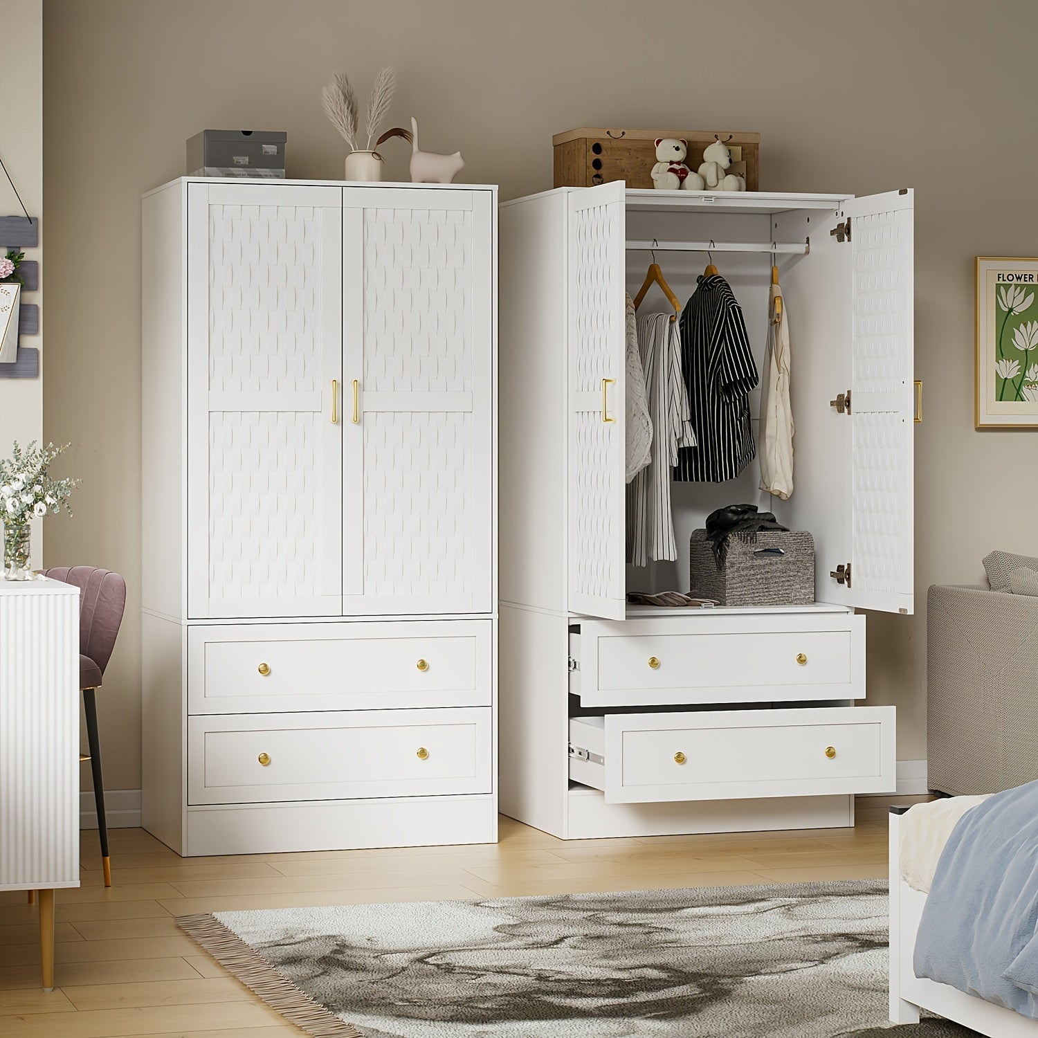 Wardrobe with 2 Doors, 2 Drawers and Hanging Rod, Design Style Woven Door, Bedroom Wooden Clothes Storage Cabinet