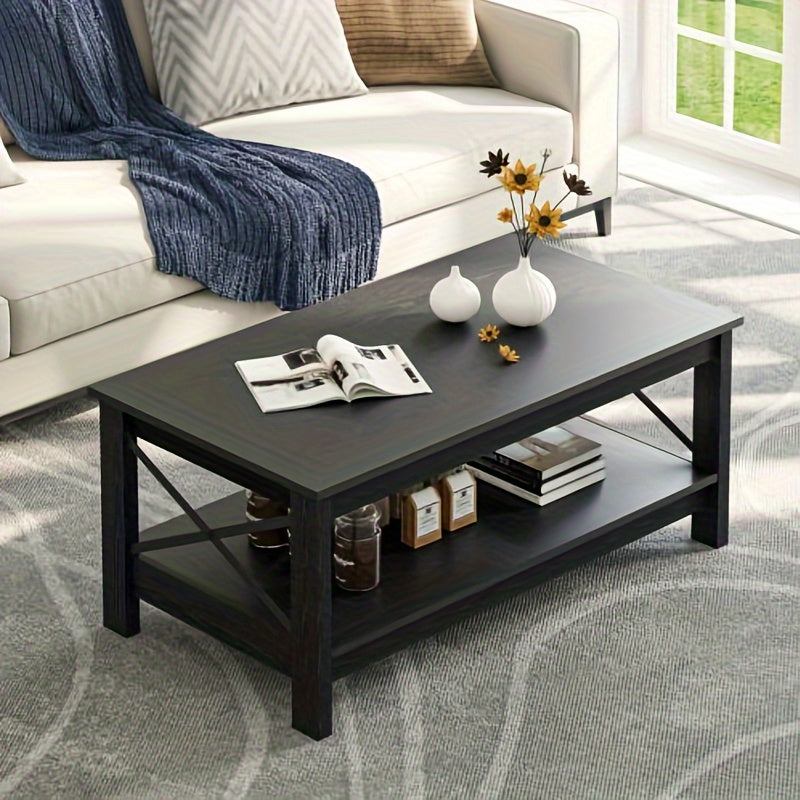 Sablyme Coffee Table Classic Cocktail Table with Storage Shelf, 39 inch, Black