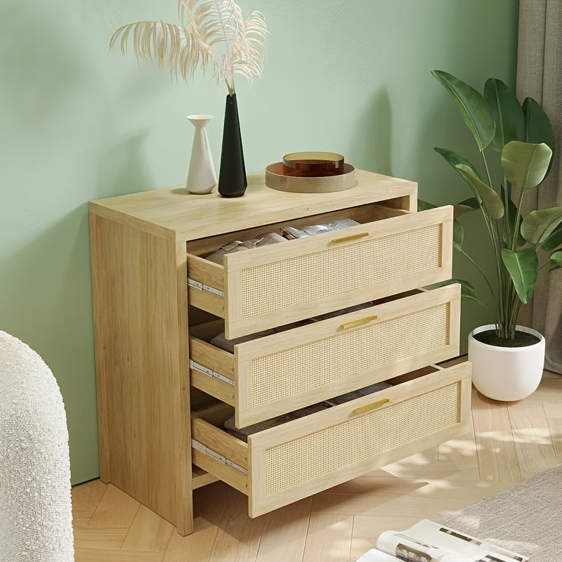 3 Drawer Dresser for Bedroom, Rattan Modern Wooden Dresser Chest with Golden Handles,, Wood Storage Cabinet, Beside Table for Closet, Living Room and Entryway, Natural