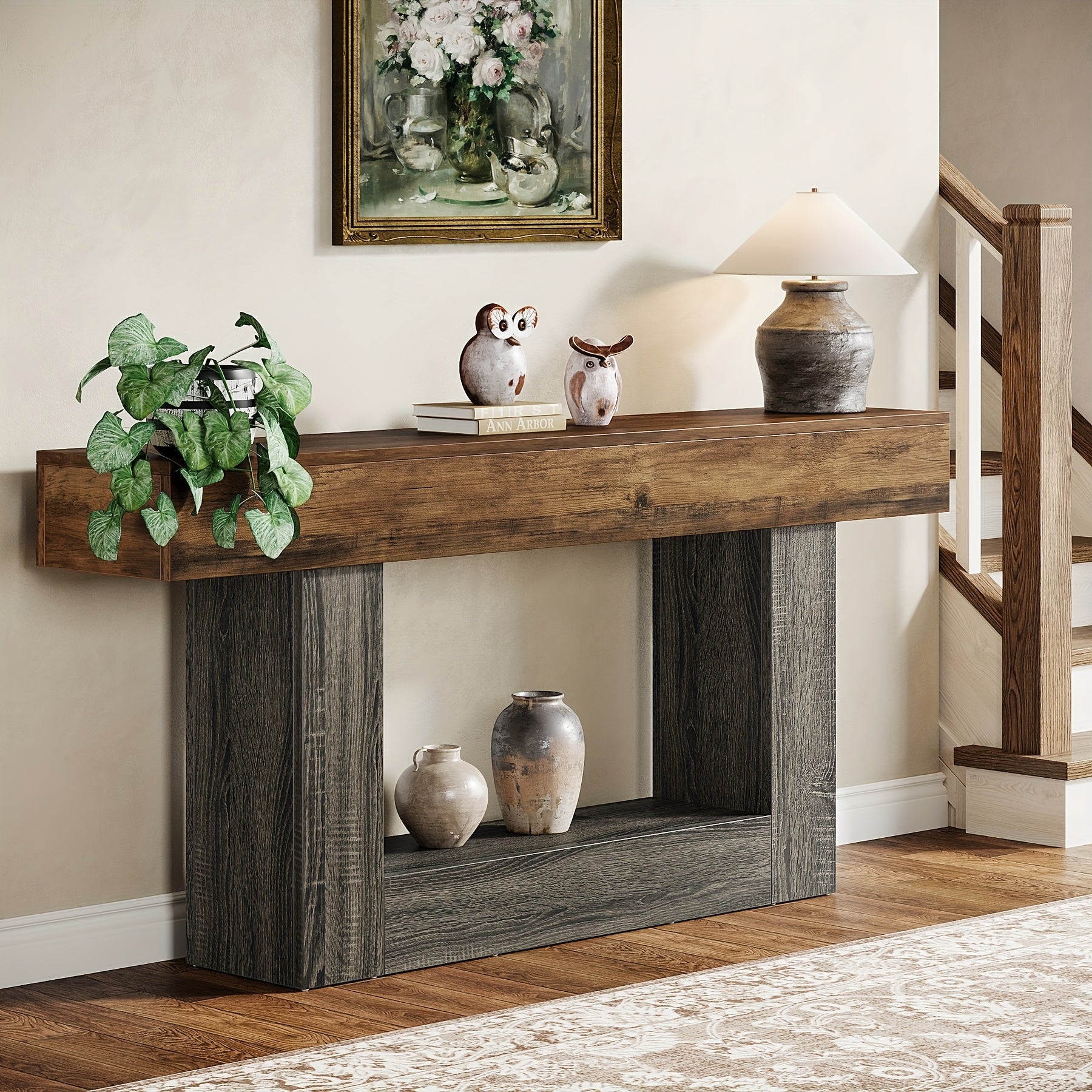 63" Narrow Long Console Table With Storage, Farmhouse 2-Tier Entryway Table With U-Shaped Base, Vintage Wood Sofa Table Behind Couch Table For Living Room, Hallway, Foyer, Rustic Brown And Grey