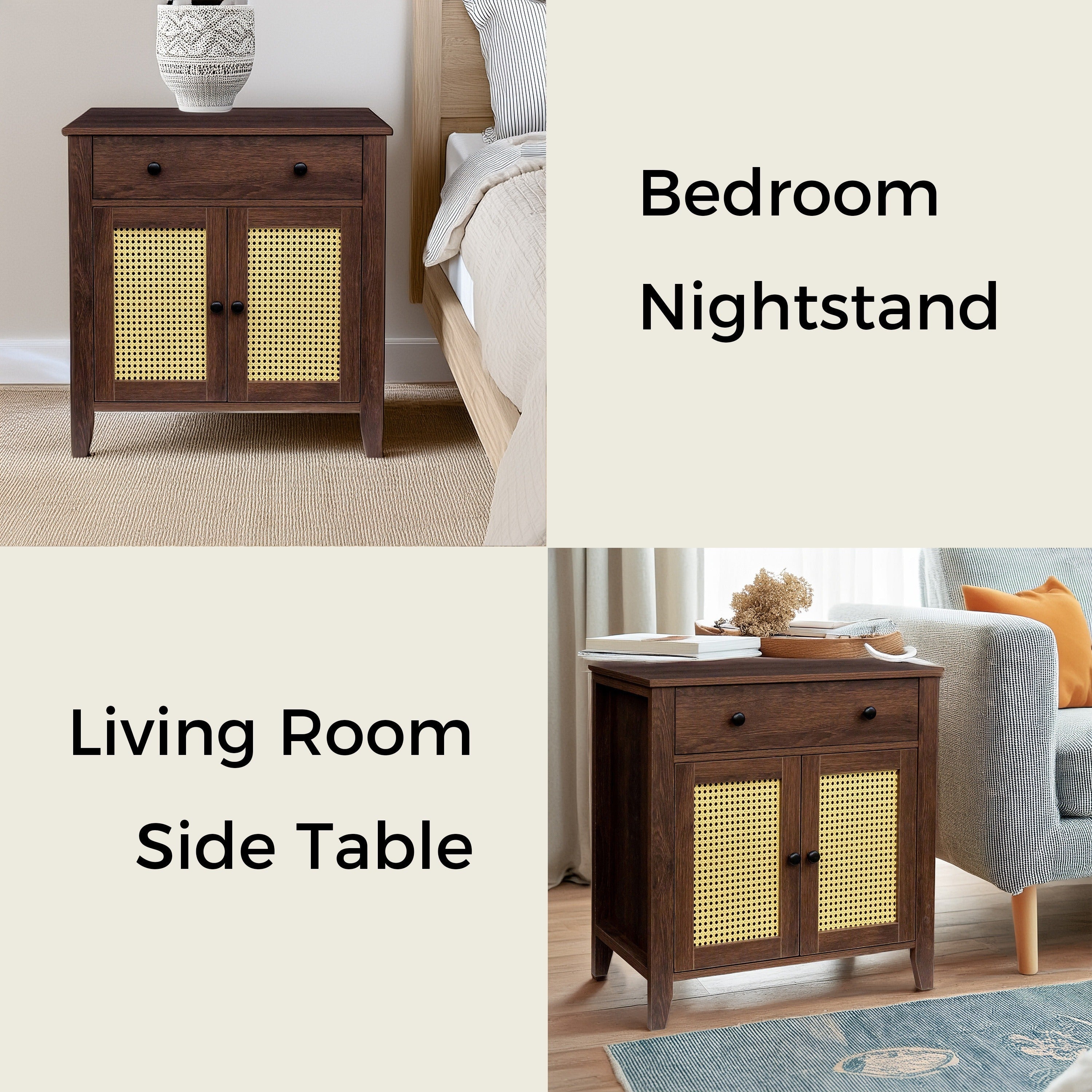 Rattan Nightstand Mid Century Modern Nightstand With Rattan Decorated Door And Adjustable Shelf Bedside Storage End