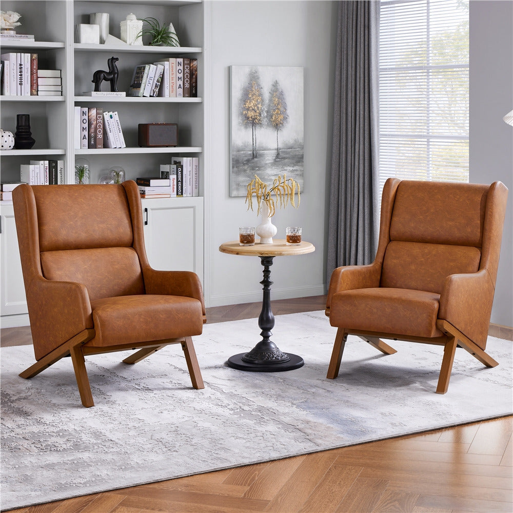 High Back Accent Chair PU Leather Armchair Oversized Lounge Chair with Wood-tone Metal Legs for Home Office Bedroom