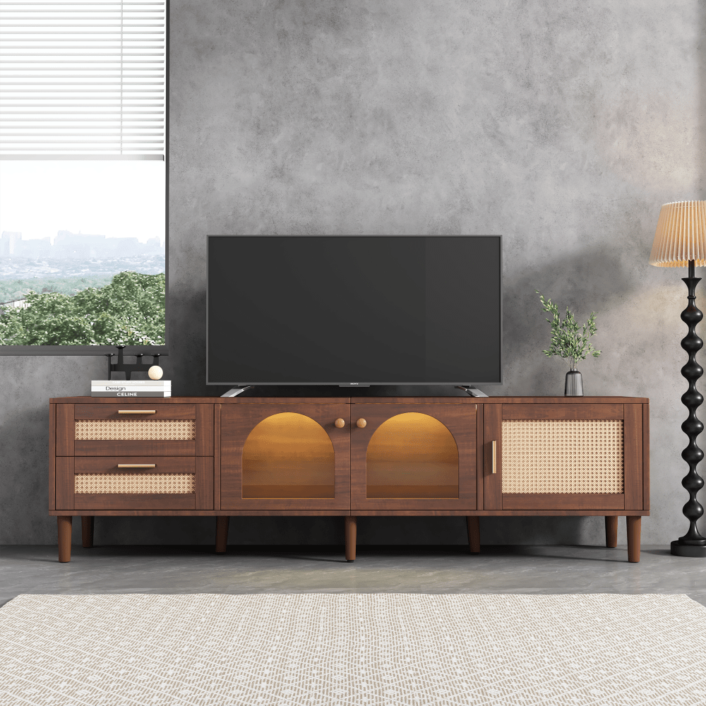 Rattan TV Cabinet with 3 Cabinets and 2 Drawers, Rattan Style Media Console Table, Suitable for TVs up to 80 Inches, TV Cabinet for Living Room, Bedroom, Home Theater