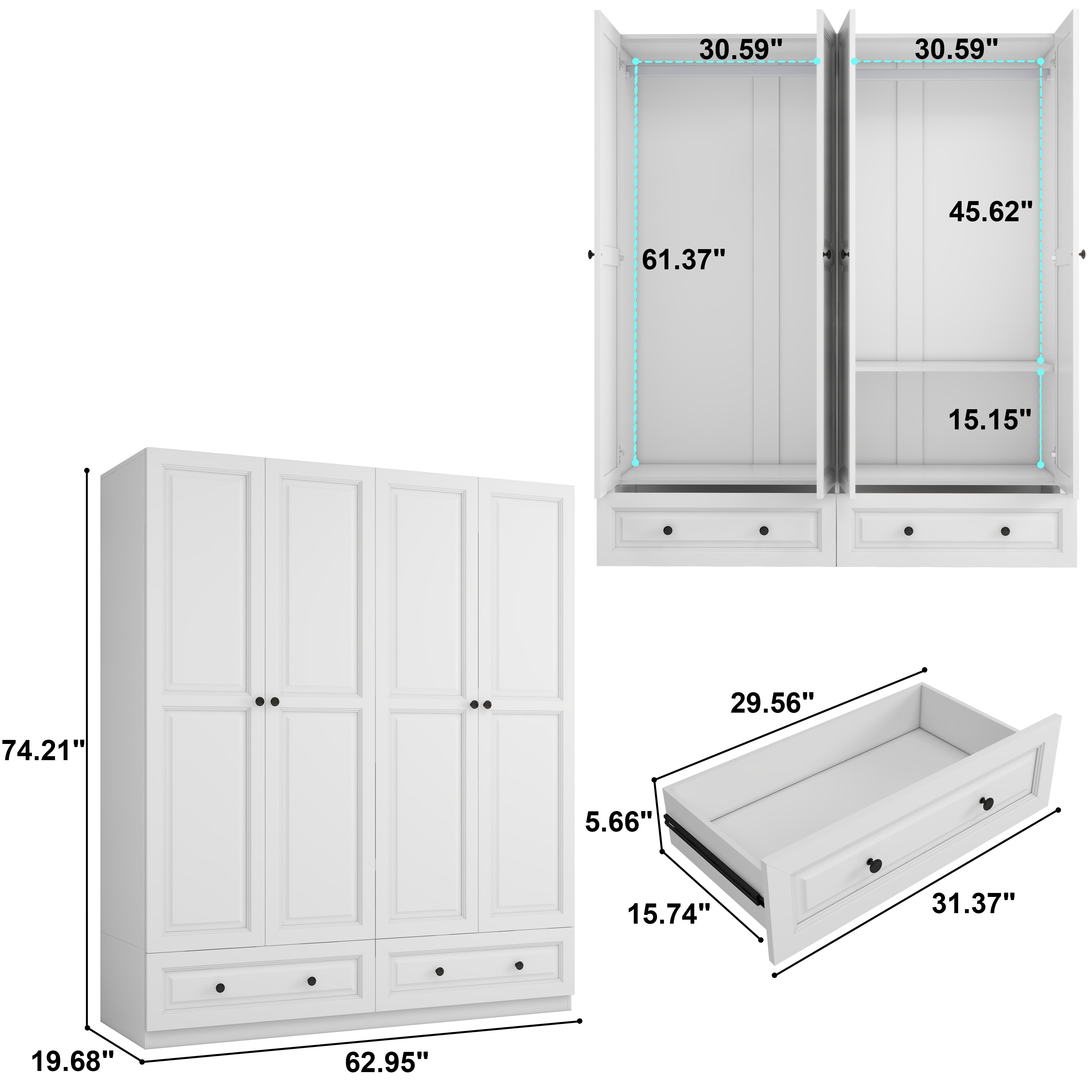 White Armoire Wardrobe Closet With 4 Drawers, 74" Bedroom Wardrobe Closet For Hanging Clothes, Wood Cabinet For Clothes With 4 Doors, Armoire With Shelves