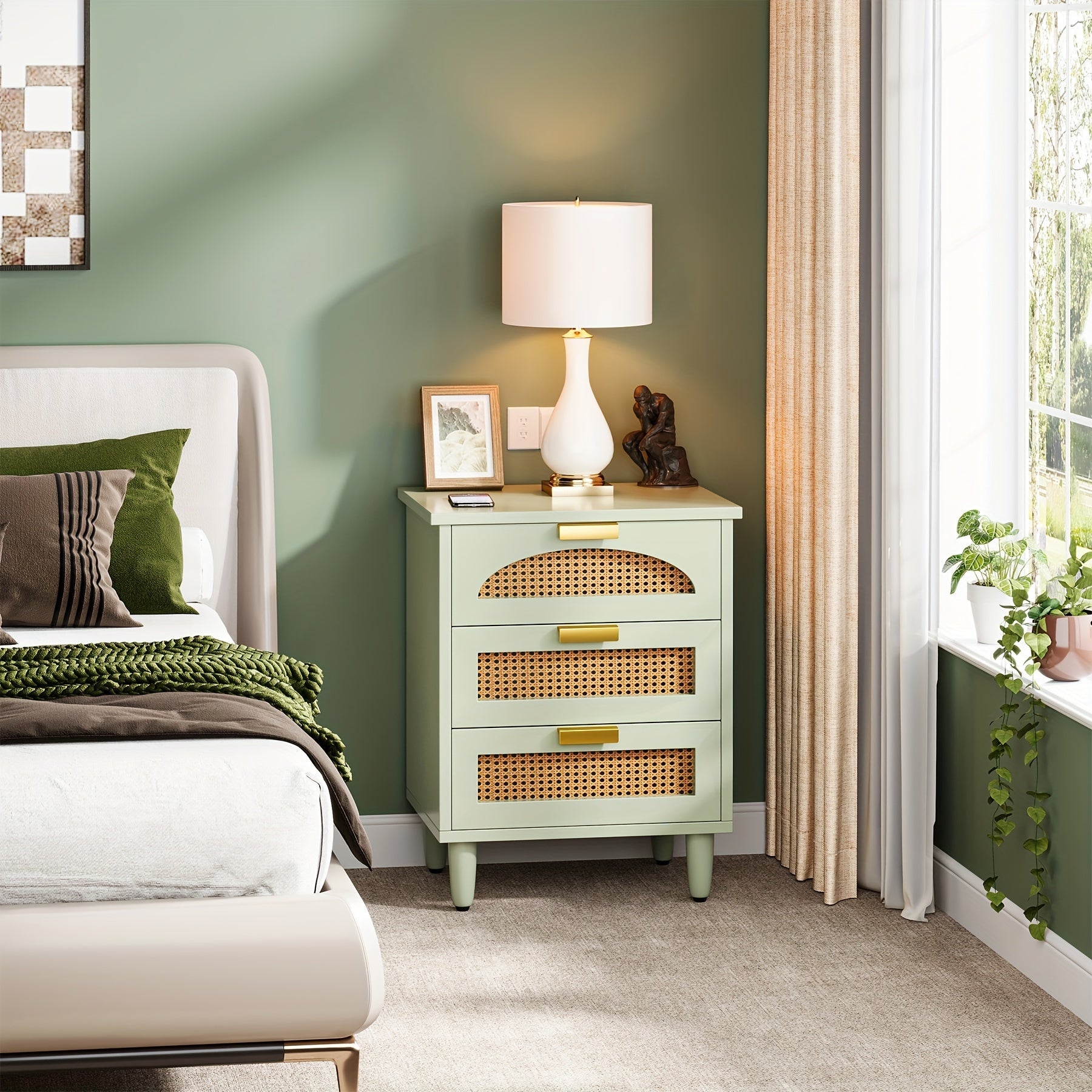 Charming Mint Green 3-Drawer Rattan Nightstand - Farmhouse Style Side Table with Ventilated Drawers, Durable Construction, Ideal for Bedroom & Living Room, Easy Assembly