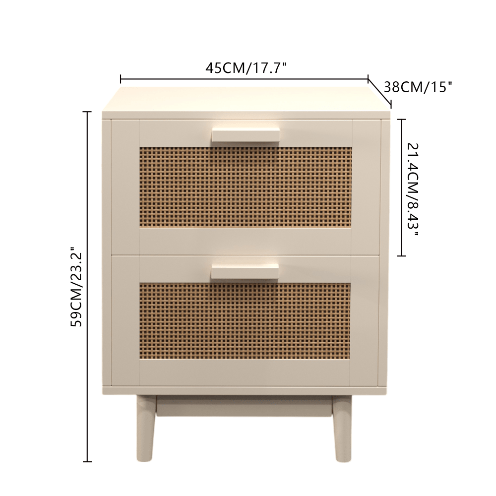 Rattan Nightstand Wood End Table Side Table with 2 Faux Rattan-Decorated Drawers Bedside Table Wood Accent Table