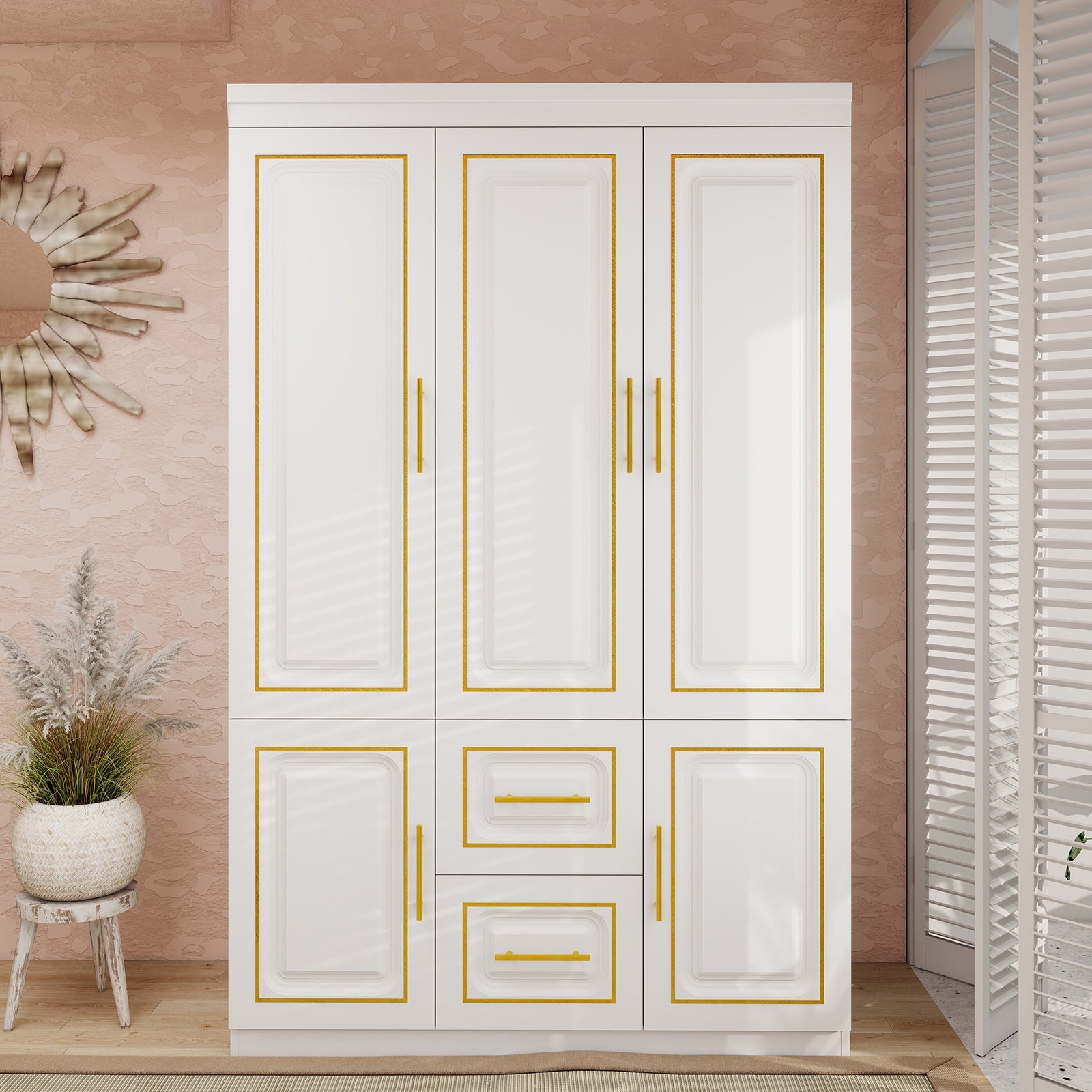 3-Door Armoires Wardrobe Closet with 5 Shelves & 2 Drawers, Wood Bedroom Wardrobe for Clothing Storage, White Armoire for Christmas, Thanksgiving, Halloween